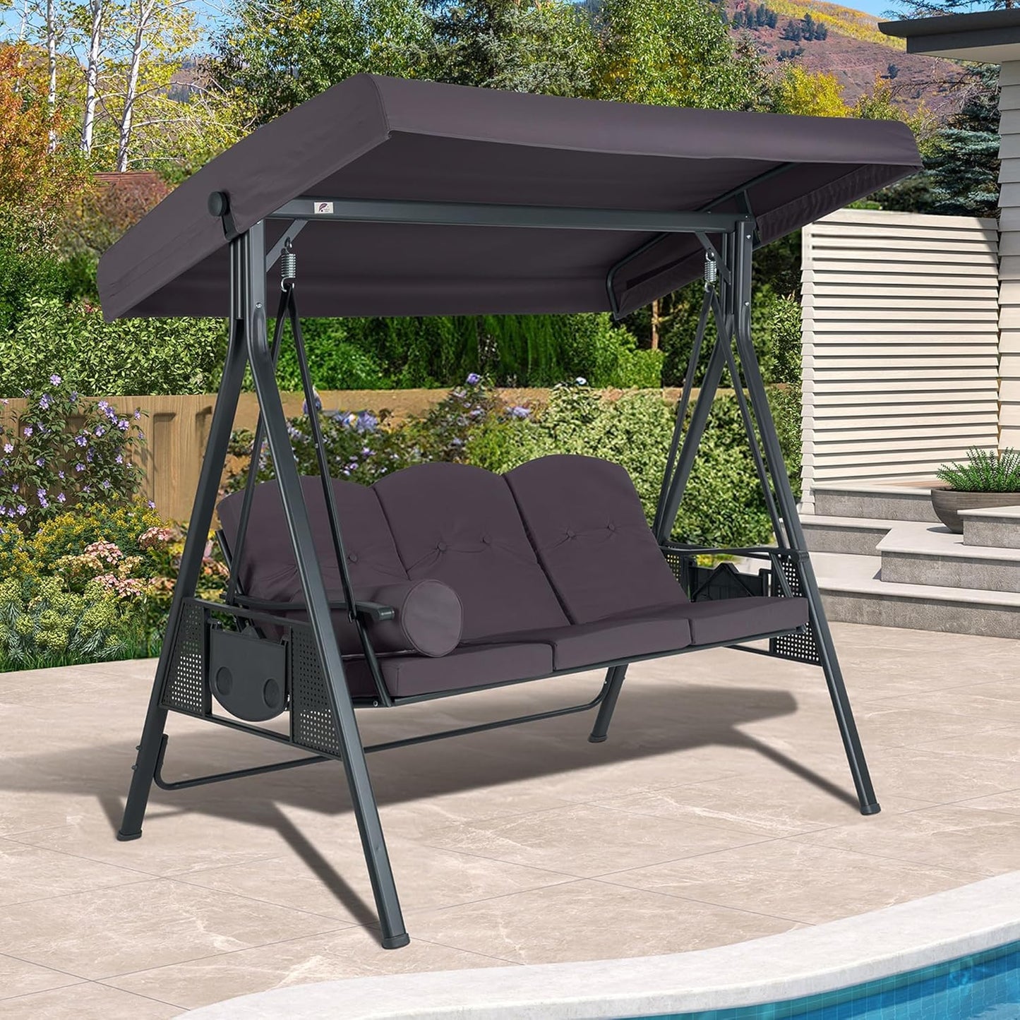 PURPLE LEAF Outdoor Patio Porch Swing with Stand, 3-seat Swing Chair with Adjustable Tilt Canopy All-Weather Steel Frame for Backyard Front Porch Lawn, Cushions and Pillow Included, Grey