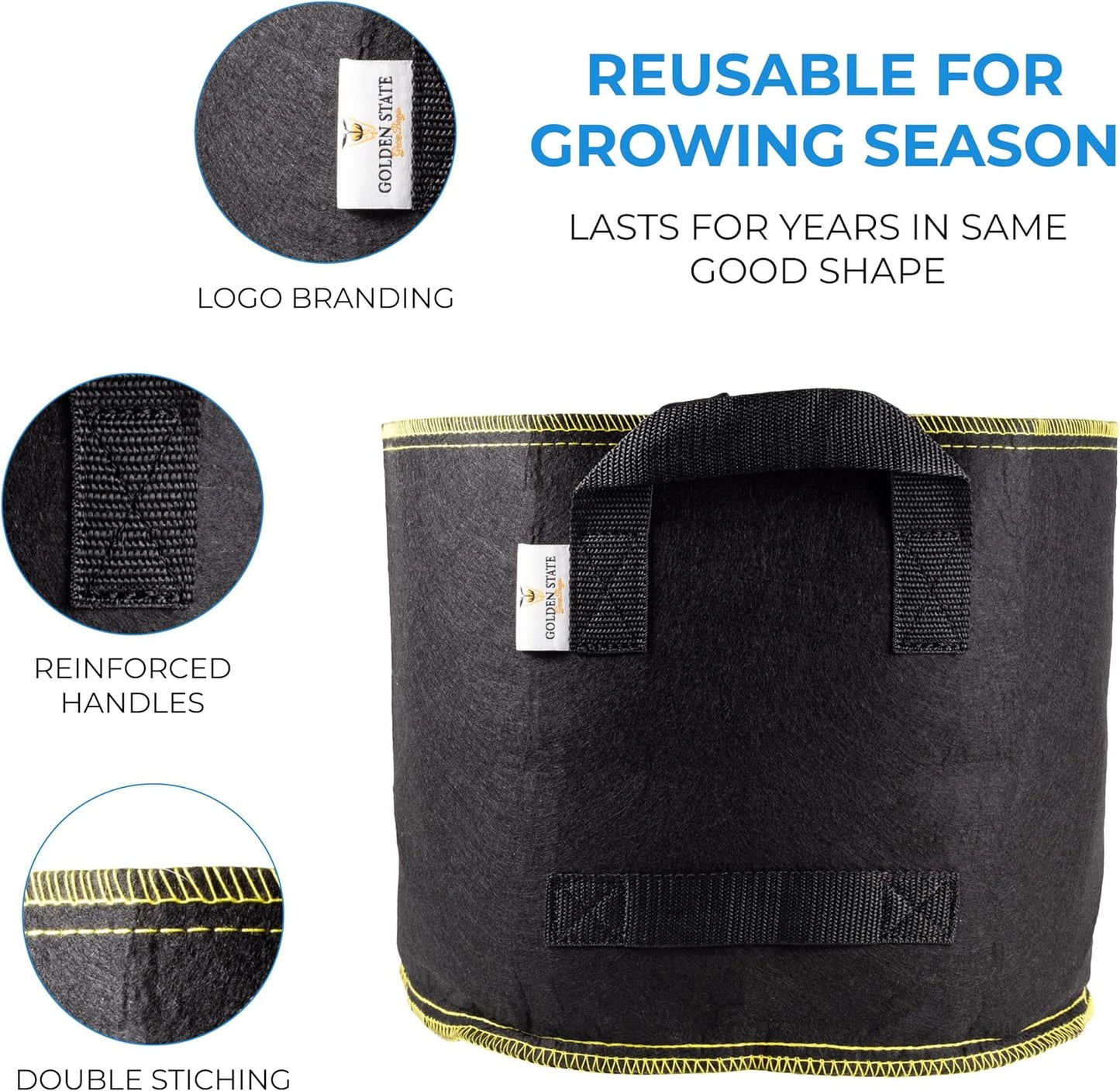 Grow Bags: 5-Pack (Size: 20 Gallon): 300gsm Black Felt Fabric w/Yellow Stitch, Biodegradable and eco-Friendly Material. (Handles + Dumping Handles-pat.Pend).