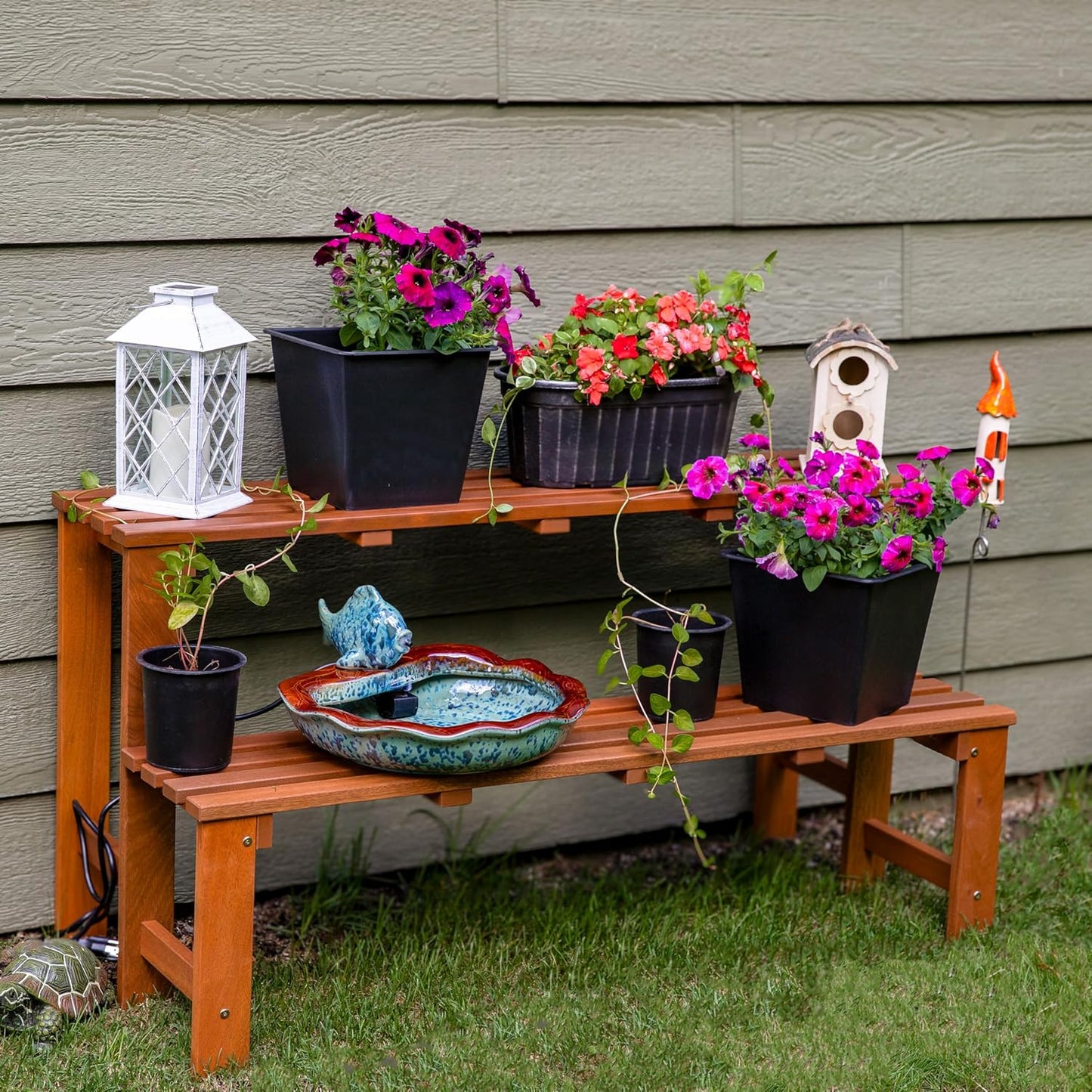 Sunnydaze 2-Tier Meranti Outdoor Wood Plant Stand - Indoor Plant Bench with Teak Oil Finish - 24-Inch