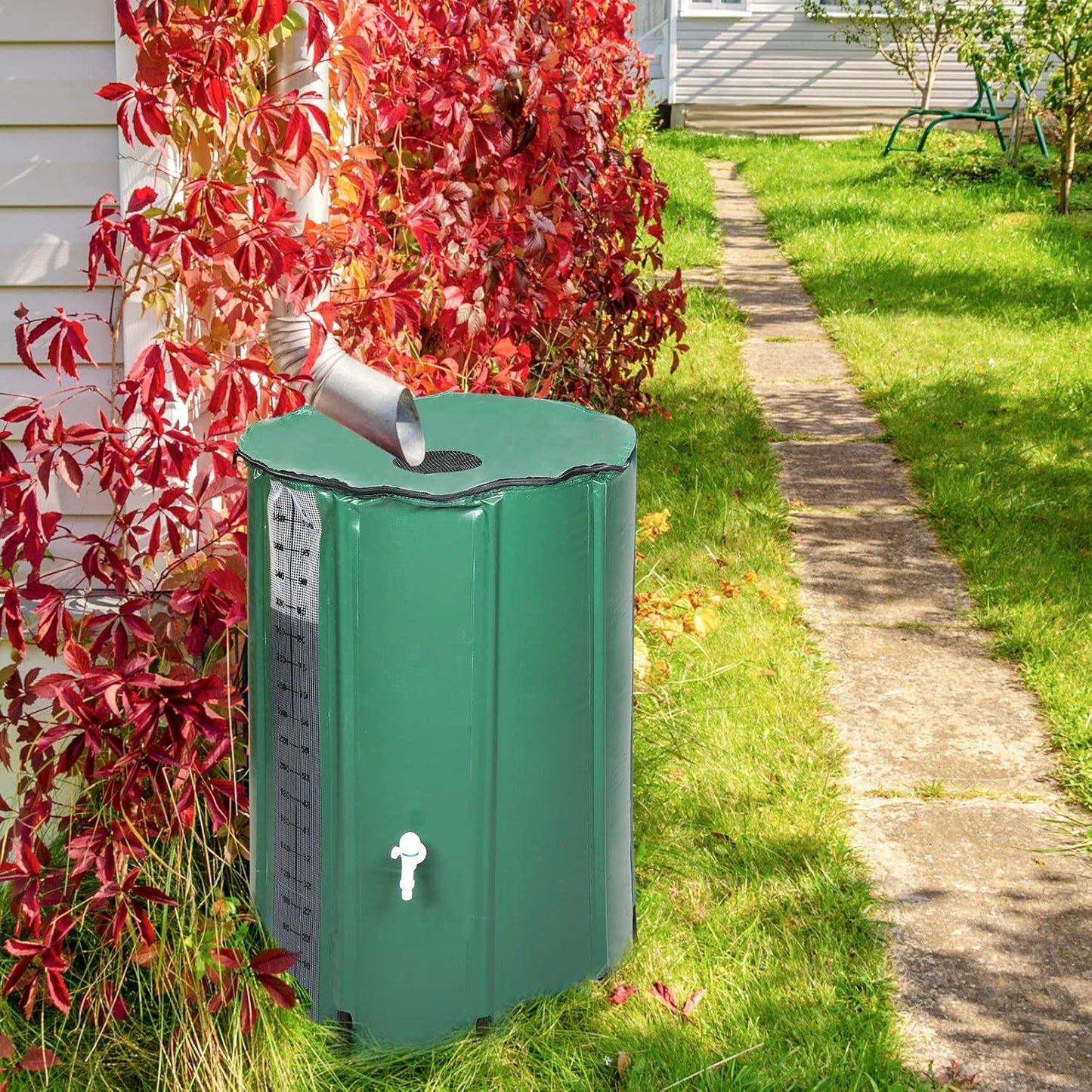 100 Gallon Collapsible Rain Barrel, Portable Rainwater Collection System, Rain Catcher Barrel with Volume Scale Mark, Two Spigots and Overflow Kit, Rain Water Barrel Collector for Garden, Green