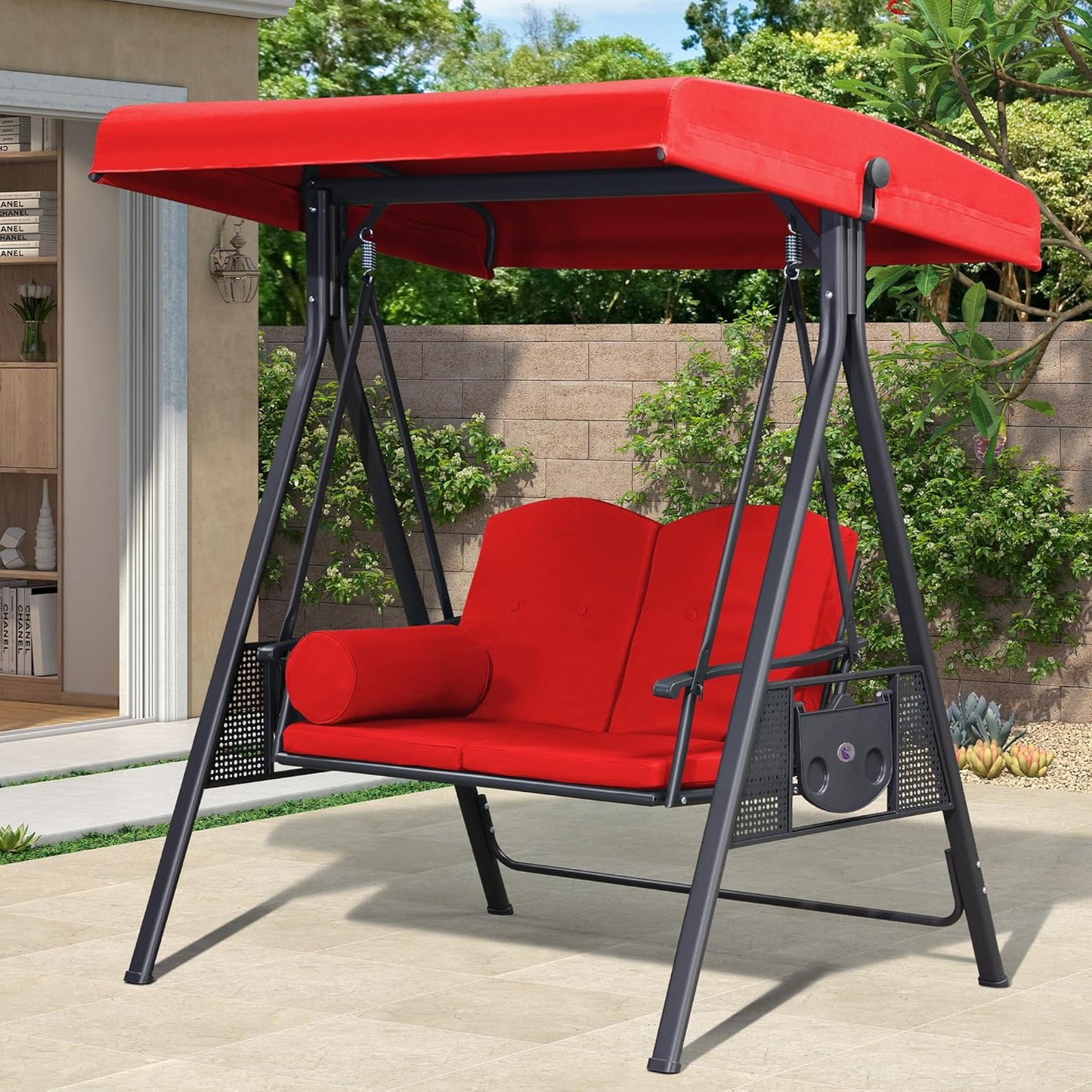 PURPLE LEAF Outdoor Patio Porch Swing with Stand, 2-seat Swing Chair with Adjustable Tilt Canopy All-Weather Steel Frame for Backyard Front Porch Lawn, Cushions and Pillow Included, Terra