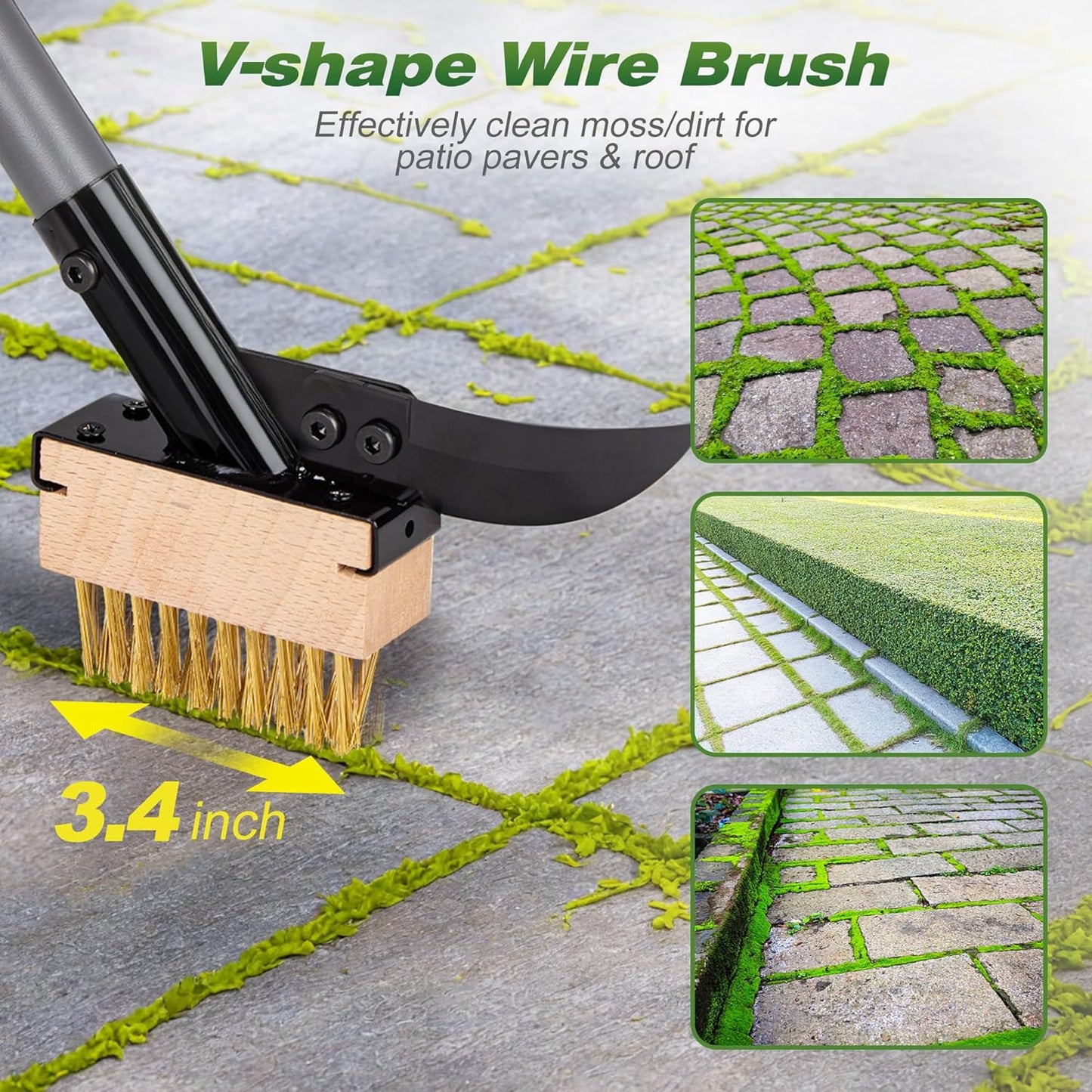 Walensee 3-in-1 Crack Weeder & Moss Remover Brush with 66.5-Inch Adjustable Handle, Weed Puller with 2 Replaceable Brush Heads and Scraper for Deck, Patio, Walkway, Driveway Crevice Cleaning Tool