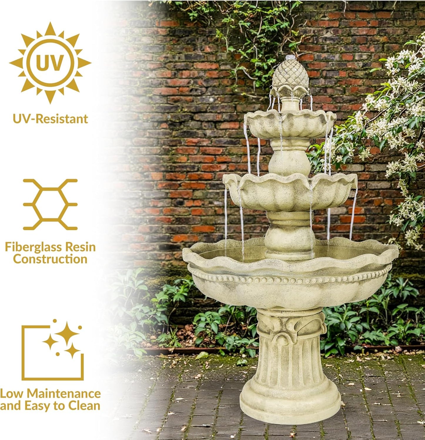 Sunnydaze 51-Inch Electric Water Fountain - Outdoor Water Feature - 3-Tier Outdoor Fountain with Pineapple Top - White