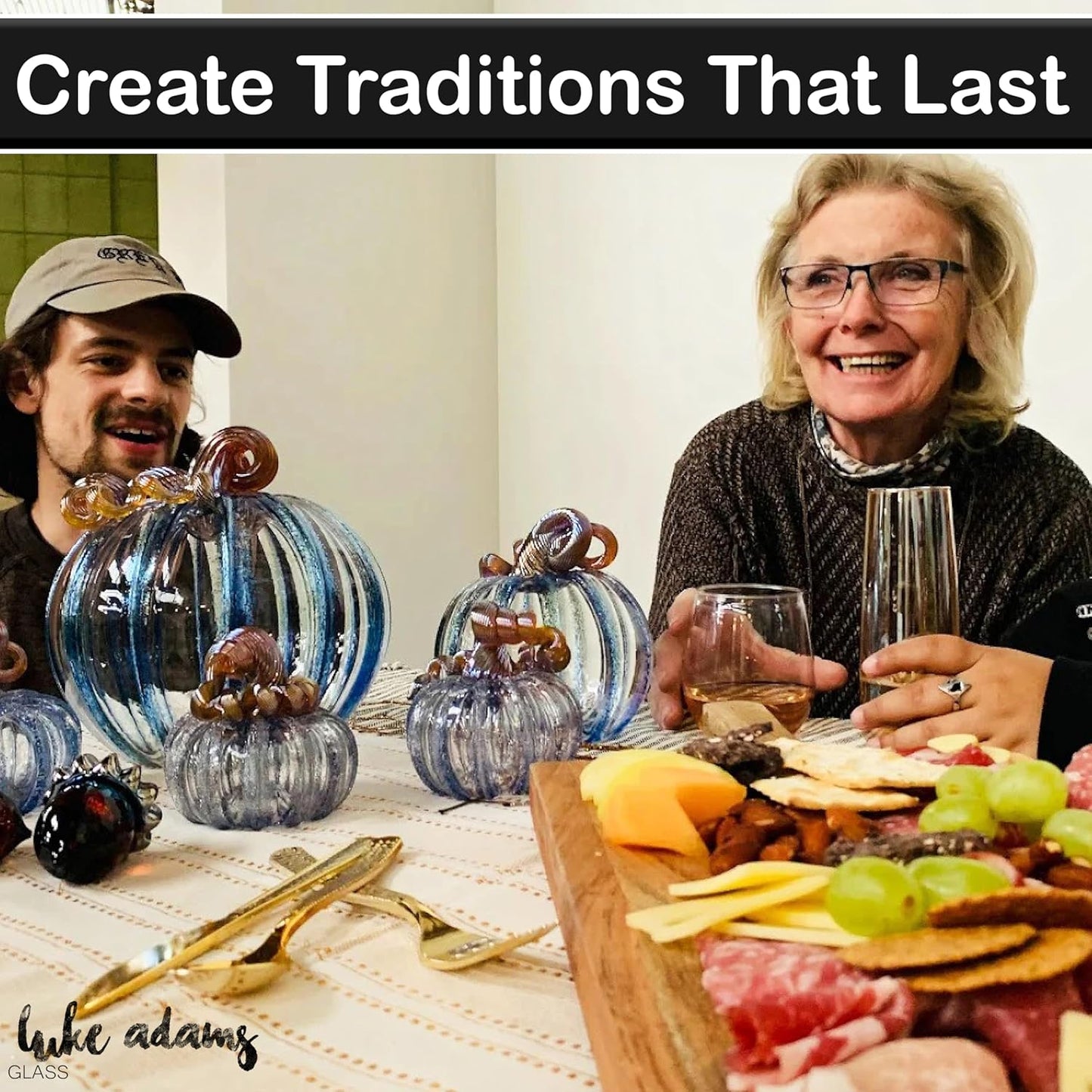 Luke Adams Glass Handmade Glass Pumpkins Handmade Table Top Home Decor (Squat, Winter Frost)