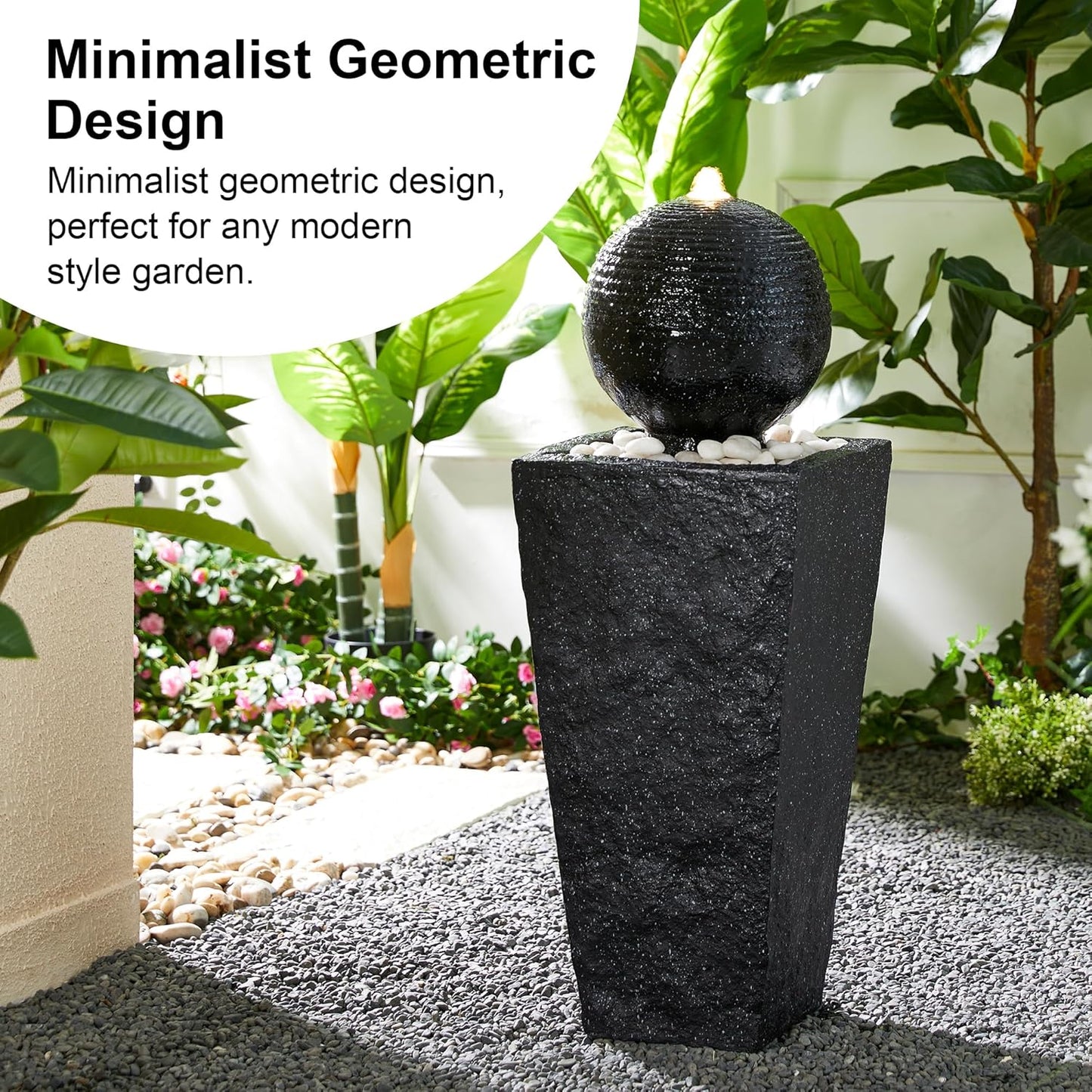 Glitzhome Outdoor Water Fountain with LED Light, Decorative Black Pedestal Water Fountains with Submersible Pump, Modern Sphere Floor Fountain with Pebbles for Garden Patio Decor Porch, 31.75”H
