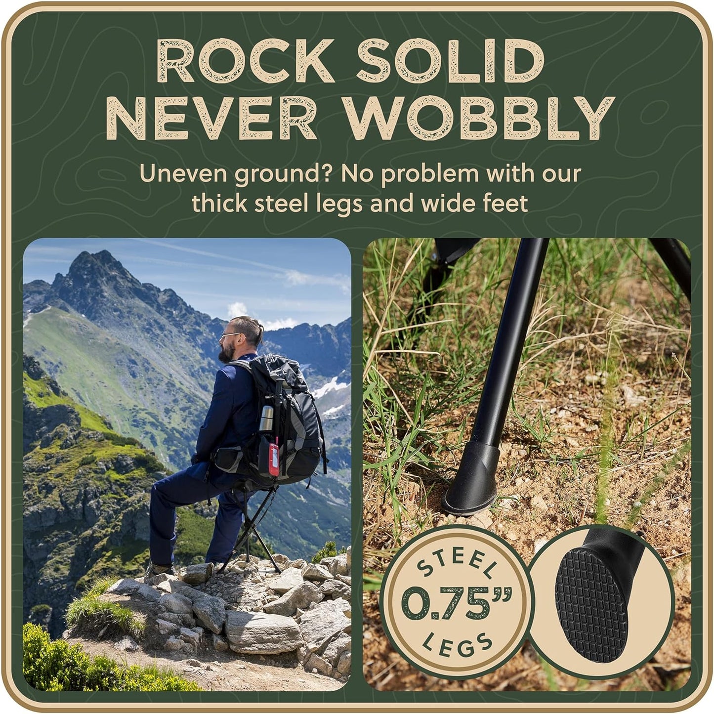 Foldable Tripod Stool - Ultra Portable Seat for Tall People, 20” High - Hunting Chair & Hidden Zippered Pocket - 2 lb Camping Stool, 3 Legged Strong Steel Stool Holds up to 200 lb (Black)