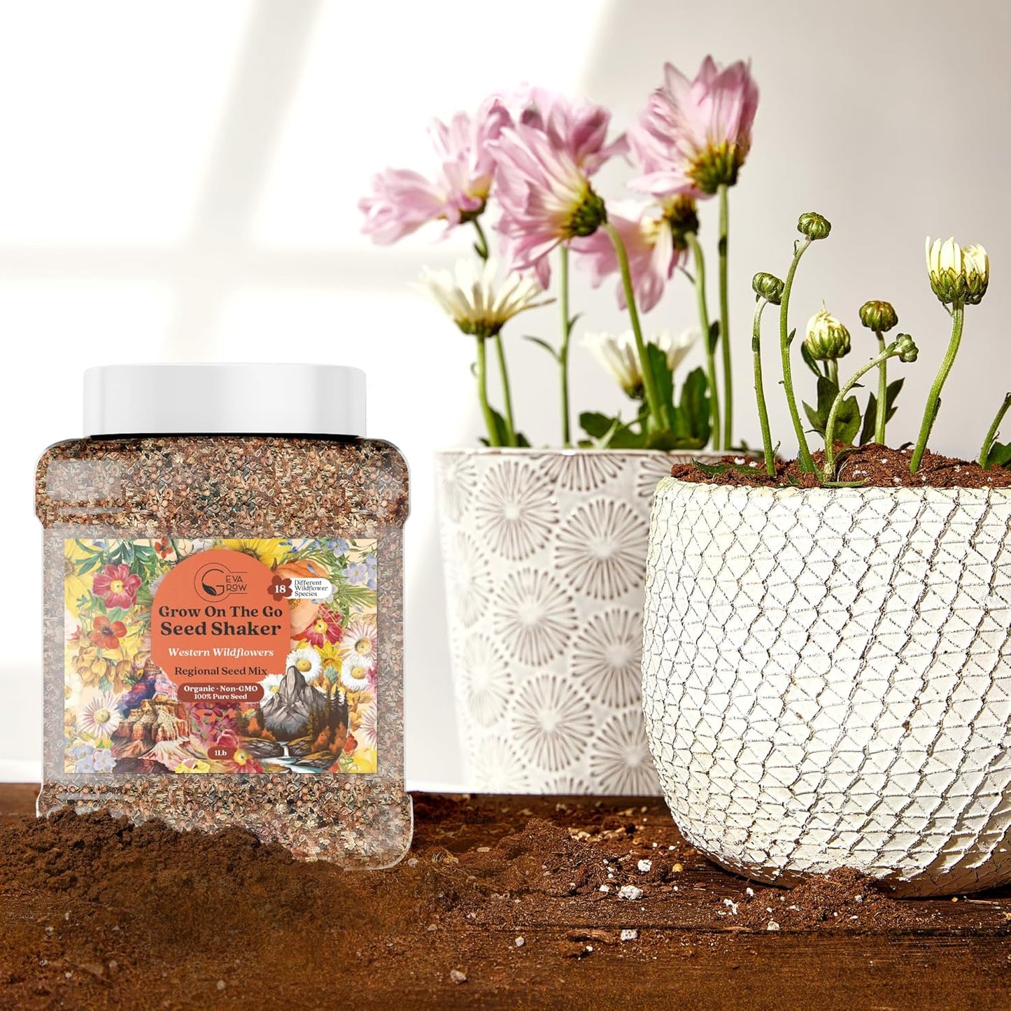 GevaGrow - Western Wildflower Seeds Regional Mix - Organic, Non-GMO - 100% Pure Seed - 18 Different Wildflowers Seeds of Annual and Perennial, 1LB Tub