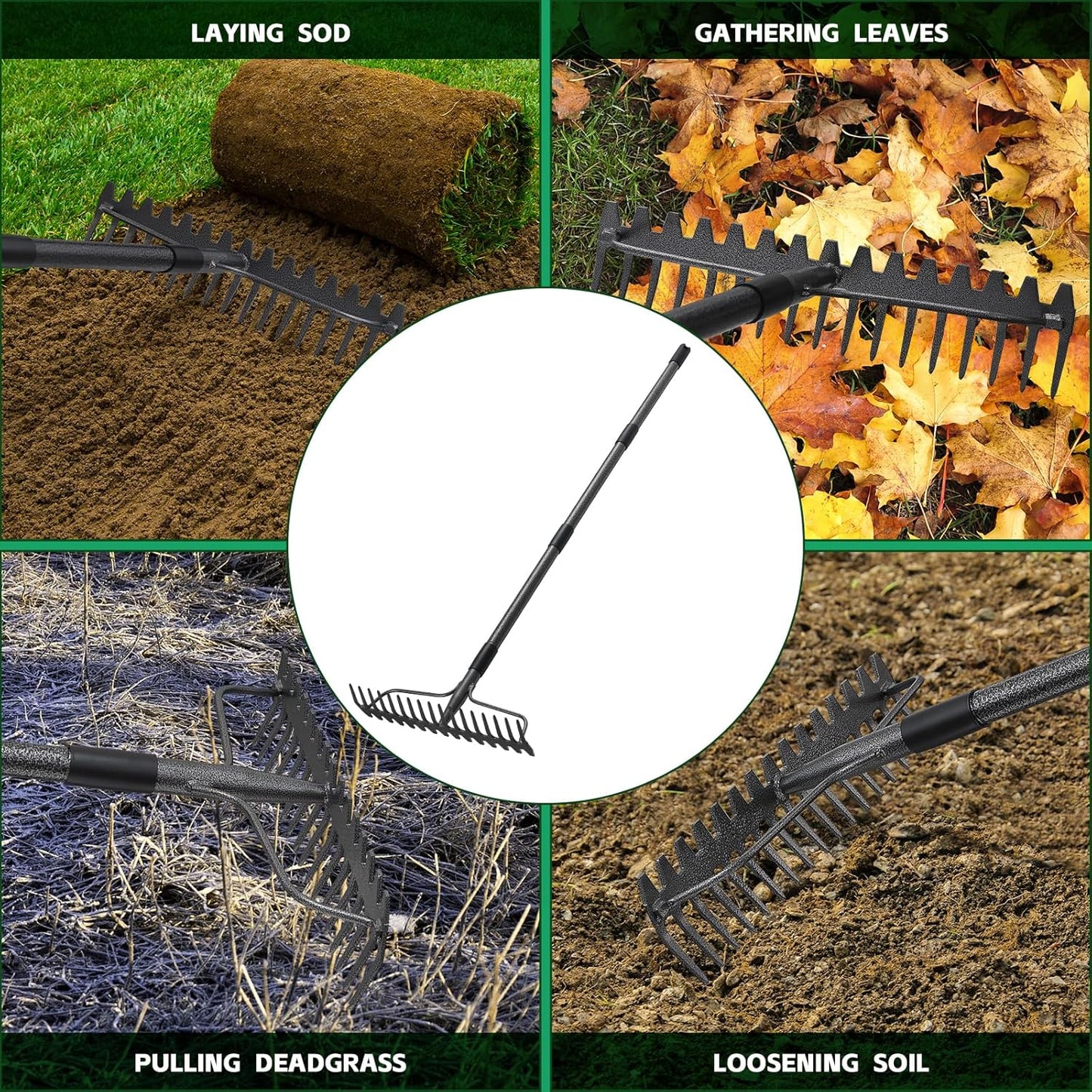 63'' Bow Rake ，17 Tines Metal Head Rakes with Stainless Steel Handle，Heavy Duty Garden Rake for Loosening Soil Gathering Leaf Leveling Lawn Farming Land Management Yarn Thatch Rake