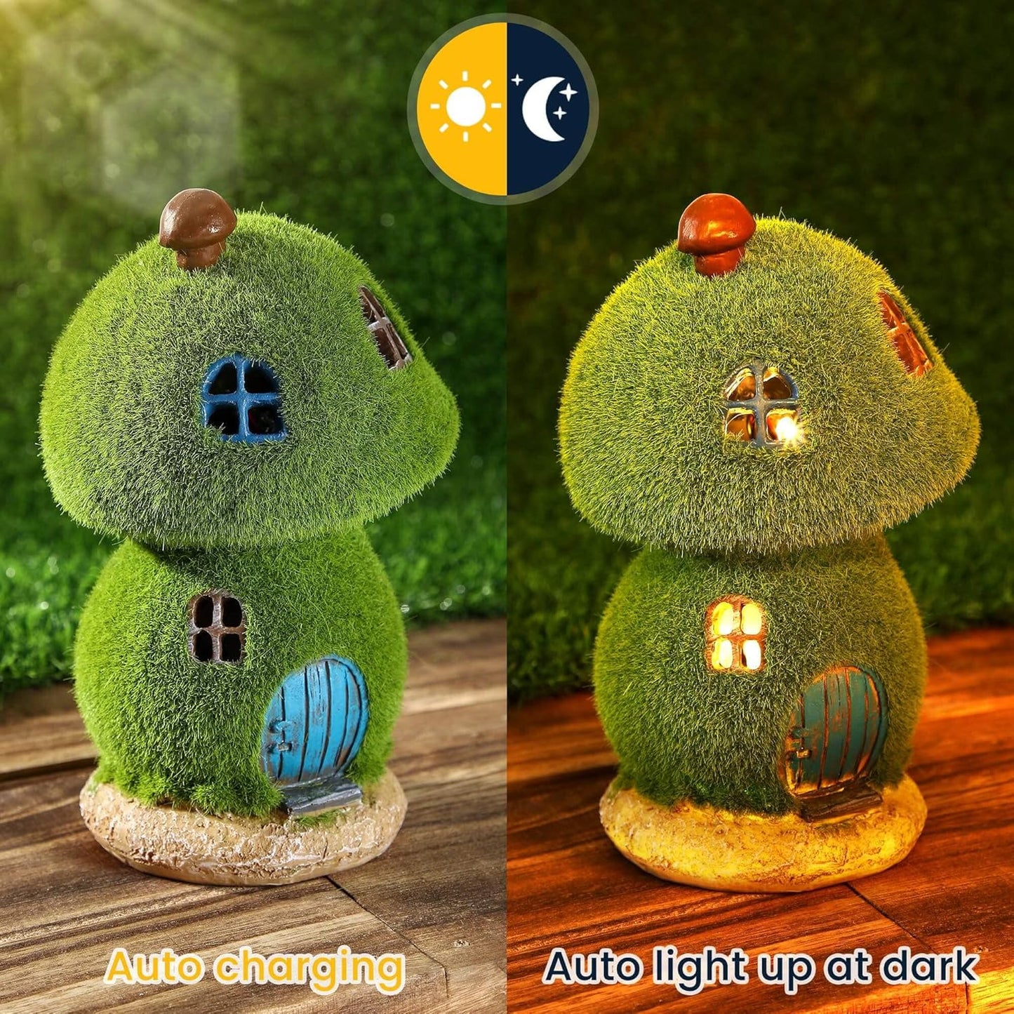 Mushroom Fairy House Decor - Figurine Lights Outdoor Solar Fairy Garden House for Patio Lawn Yard Ornaments, Housewarming Gift 7.4 inch