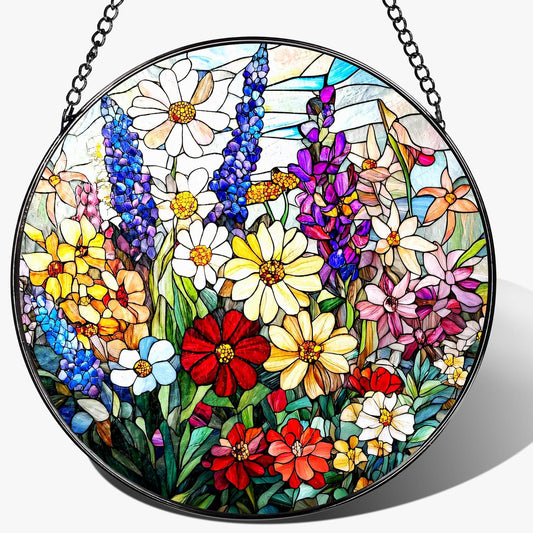 Stained Glass Window Hanging, 8 Inch Wildflower Stained Glass Suncatcher, Suncatchers for Windows Hanging, Wildflower Window Decor, Florist Gift, Flower Lover Gifts, Gifts for Mom, Grandma