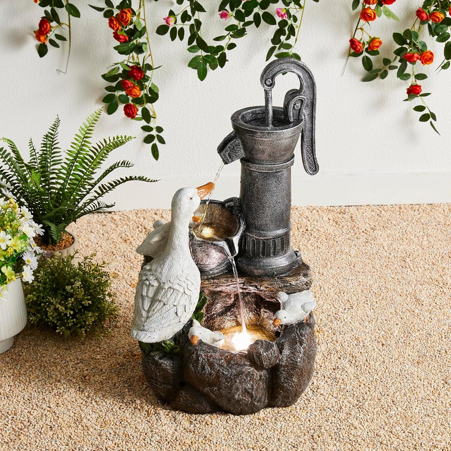 Glitzhome 24" Farmhouse Duck Outdoor Fountain with LED & Pump – 2-Tier Cascading Water Fountain for Outside Garden Decor - Rustic Waterfall for Backyard, Garden, or Patio Decor