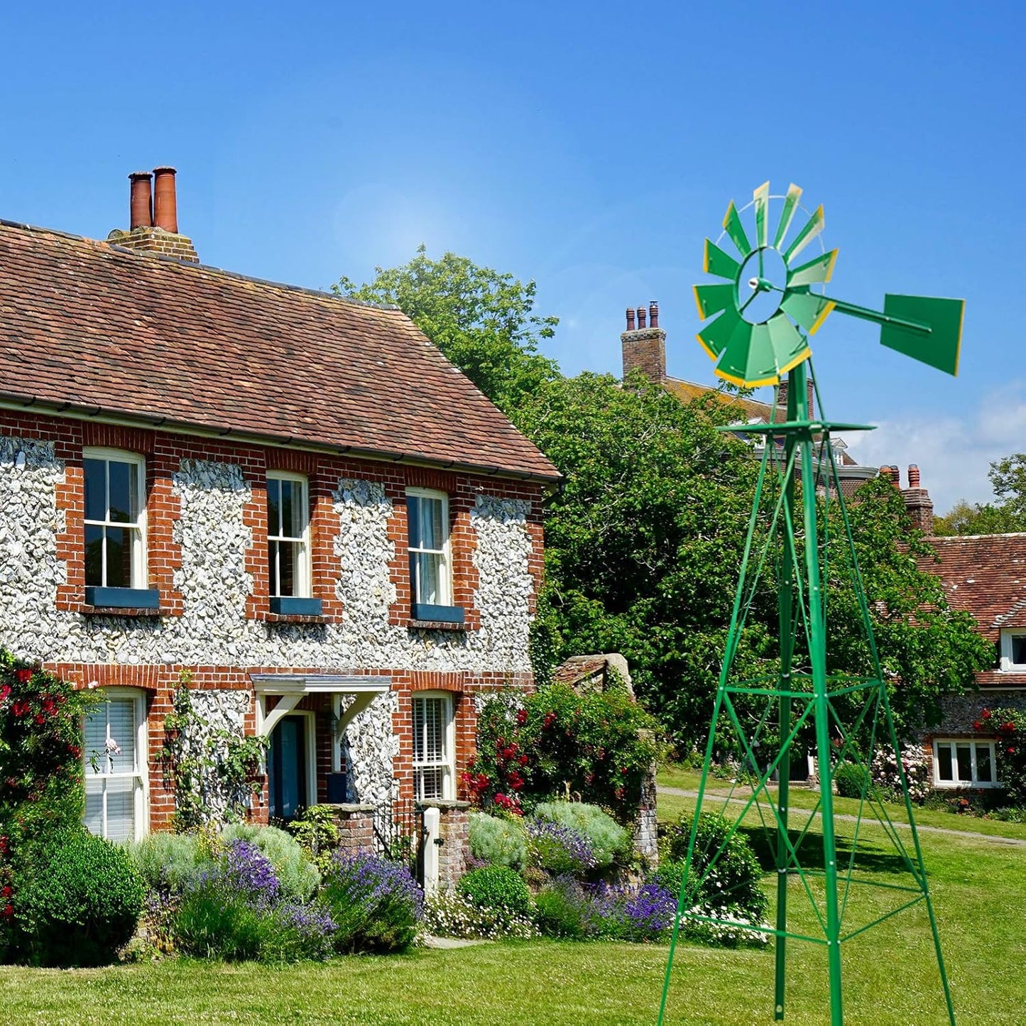 8ft Garden Windmill, Heavy Duty Durable Metal Weather Vane for Backyard, Ornamental Windmill for Yard Weather Resistant (Green, 8FT)