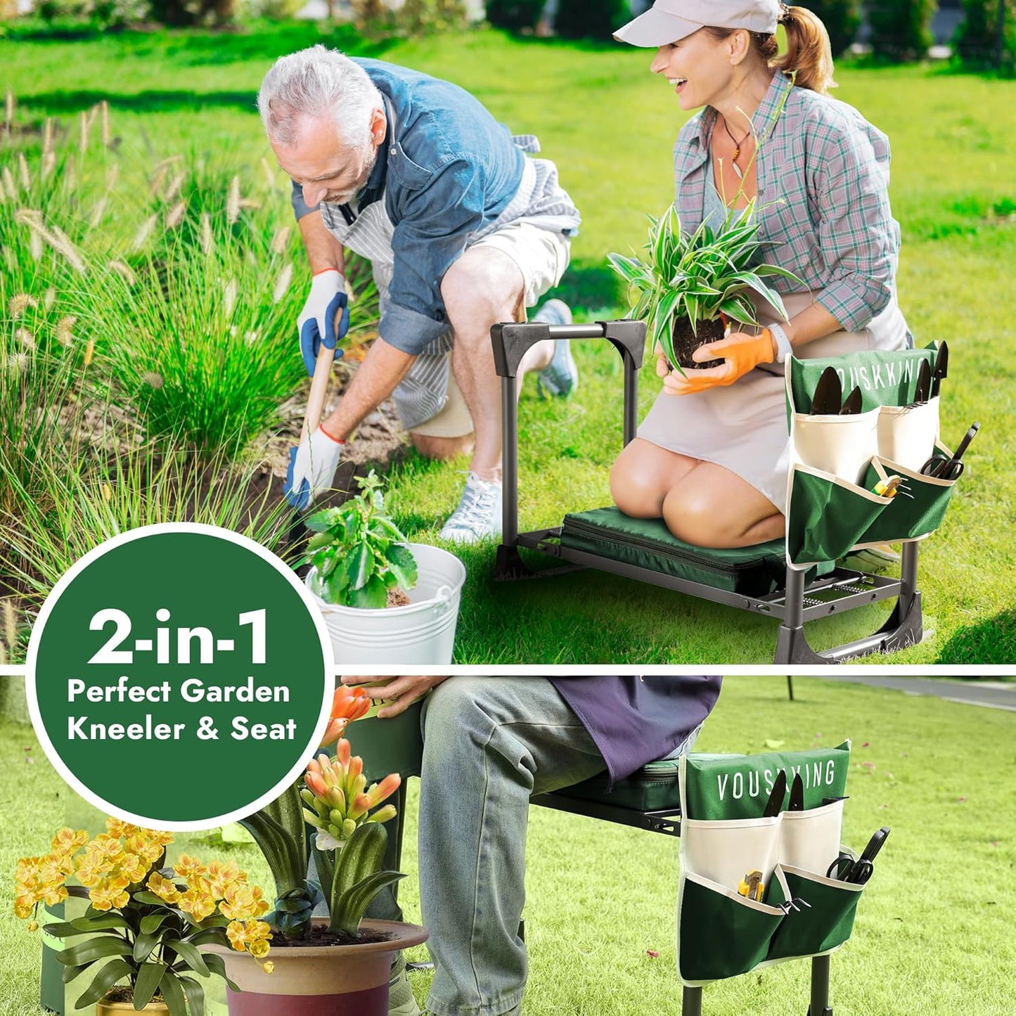 New Upgrade Foldable Garden Kneeler and Seat,Thicker Wider Softer Garden Kneeler with Straps,350lbs Heavy Duty Garden Stool with Tool Bag, Gardening Gift for Women and Men Green