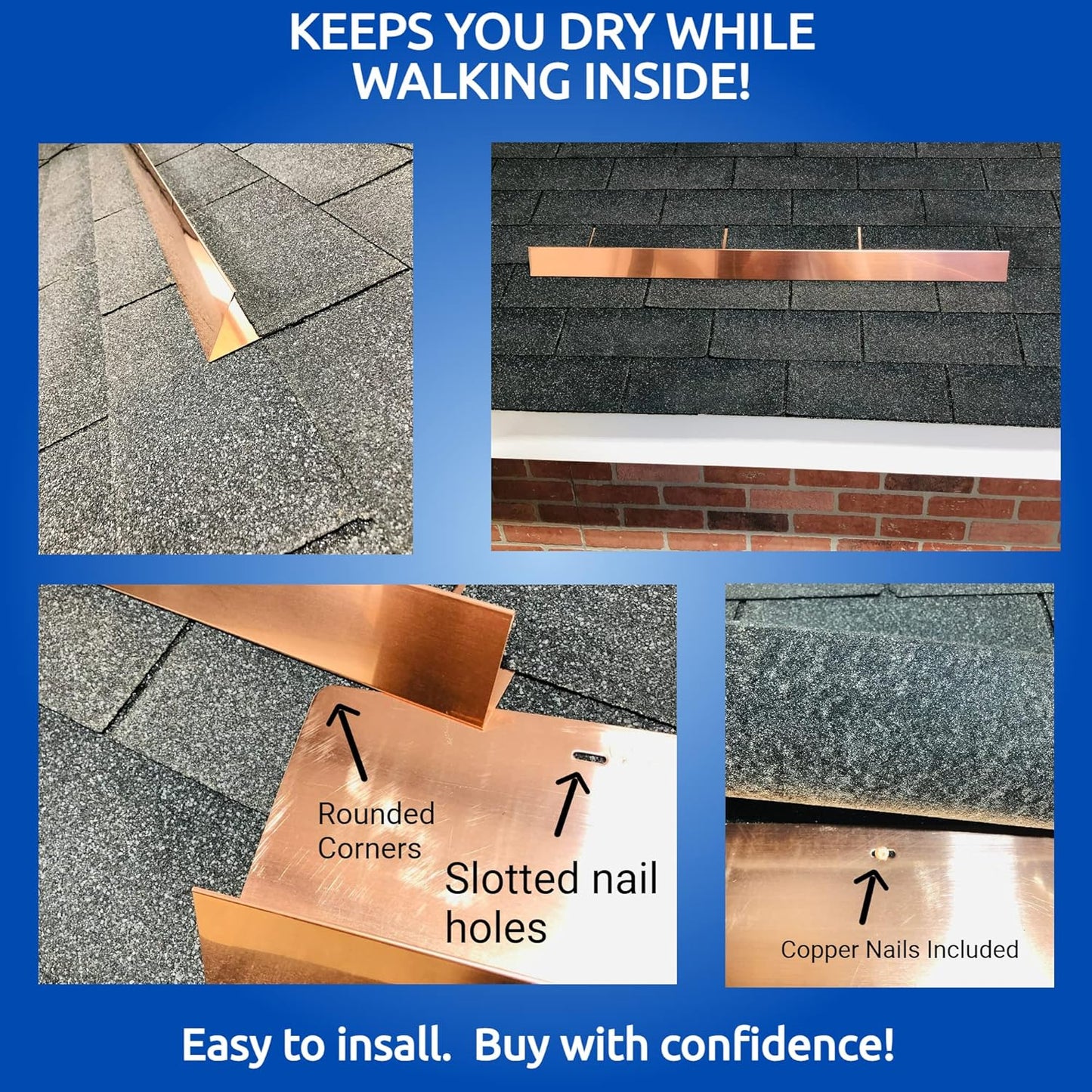 EAGLE 1- Shingle Roof Rain Diverter 40 Inches Long- 26 Gauge Material- Easy to Install- Includes Stainless Steel Nails (3, Real Copper)