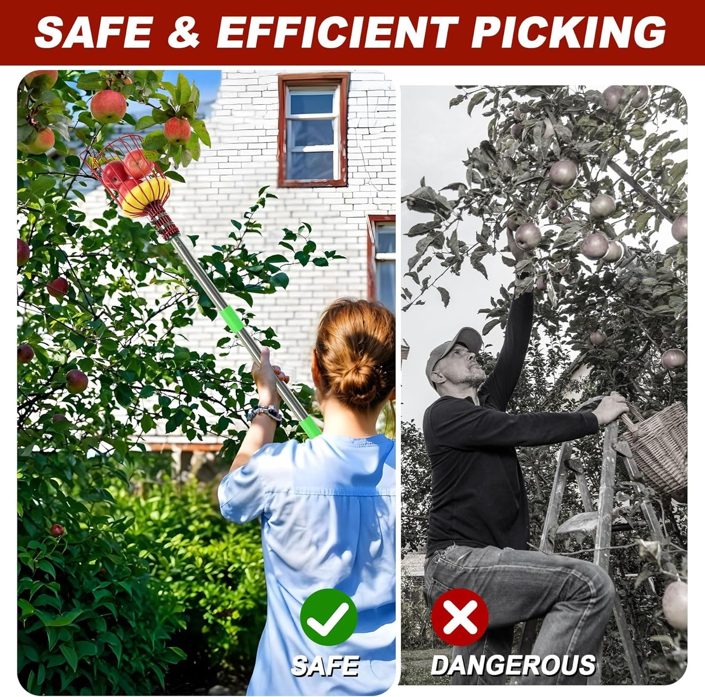 8 FT Fruit Picker Pole with Basket, Adjustable Fruits Picker Catcher Tool for Apple Mango Avocado Lemon Fig Citrus Orange Fruit Picker