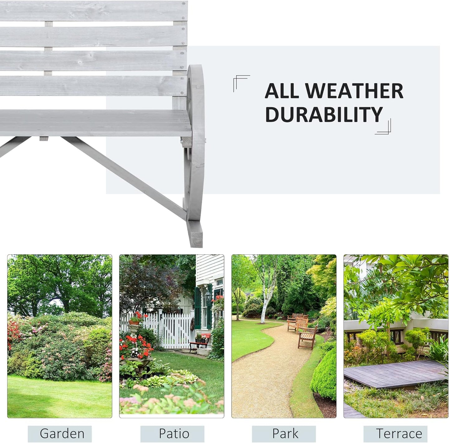 Outsunny 41" Wooden Wagon Wheel Bench, Rustic Outdoor Patio Weather Resistance Furniture, 2-Person Slatted Seat Bench with Backrest, Light Gray