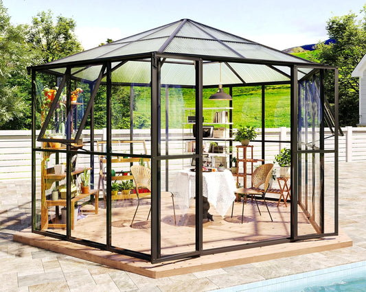 Jocisland 12x10x8 FT Hexagonal Greenhouse for Outdoors, Quick-Connectors, Aluminum Frame with 2 Vents, 2 Swing Doors, and Walk-in Design for Garden or Backyard, Black