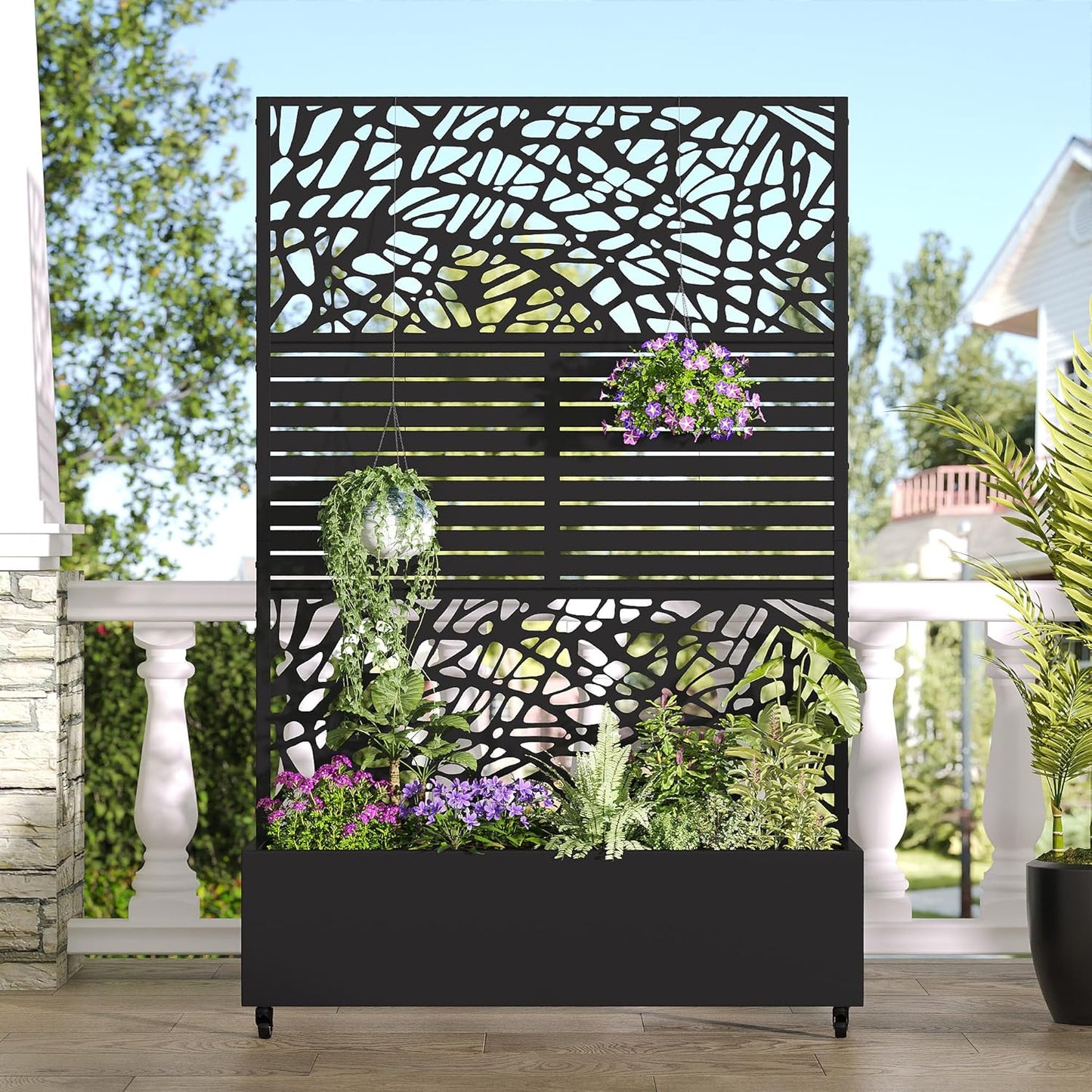 Casaphoria Metal Raised Garden Bed with Trellis and Wheels, 72"x47"x16" Arched Planter Box for Climbing Plants, Vegetables & Vines, Features Drainage Holes and Privacy Screen (Black-Helen&Net)