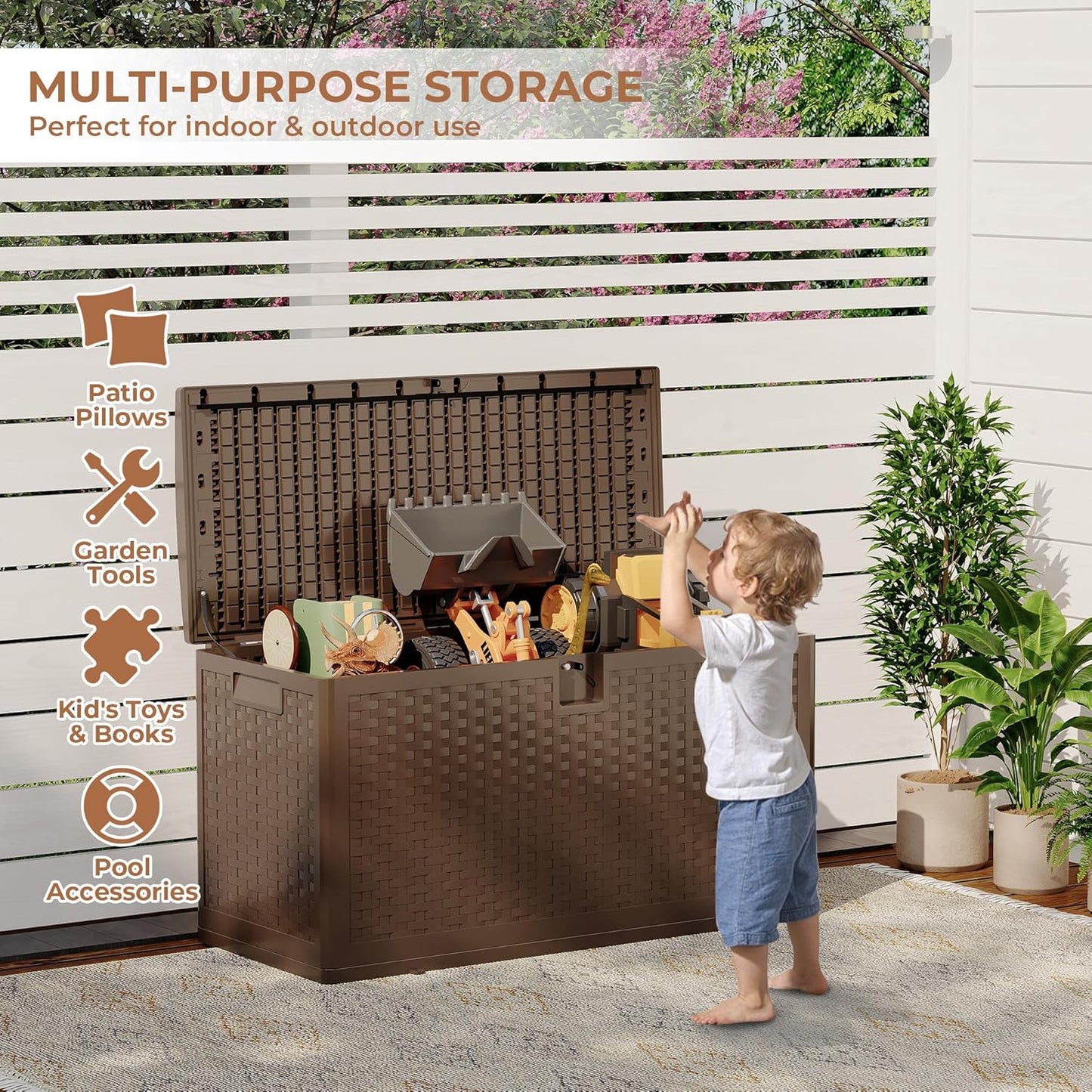 73Gallon Brown Resin Deck Box, Outdoor Storage Box Waterproof Lockable, Patio Deck Box For Package Delivery, Outside Storage Box Container for Furniture Cushions, Garden Tools, Pool Accessories