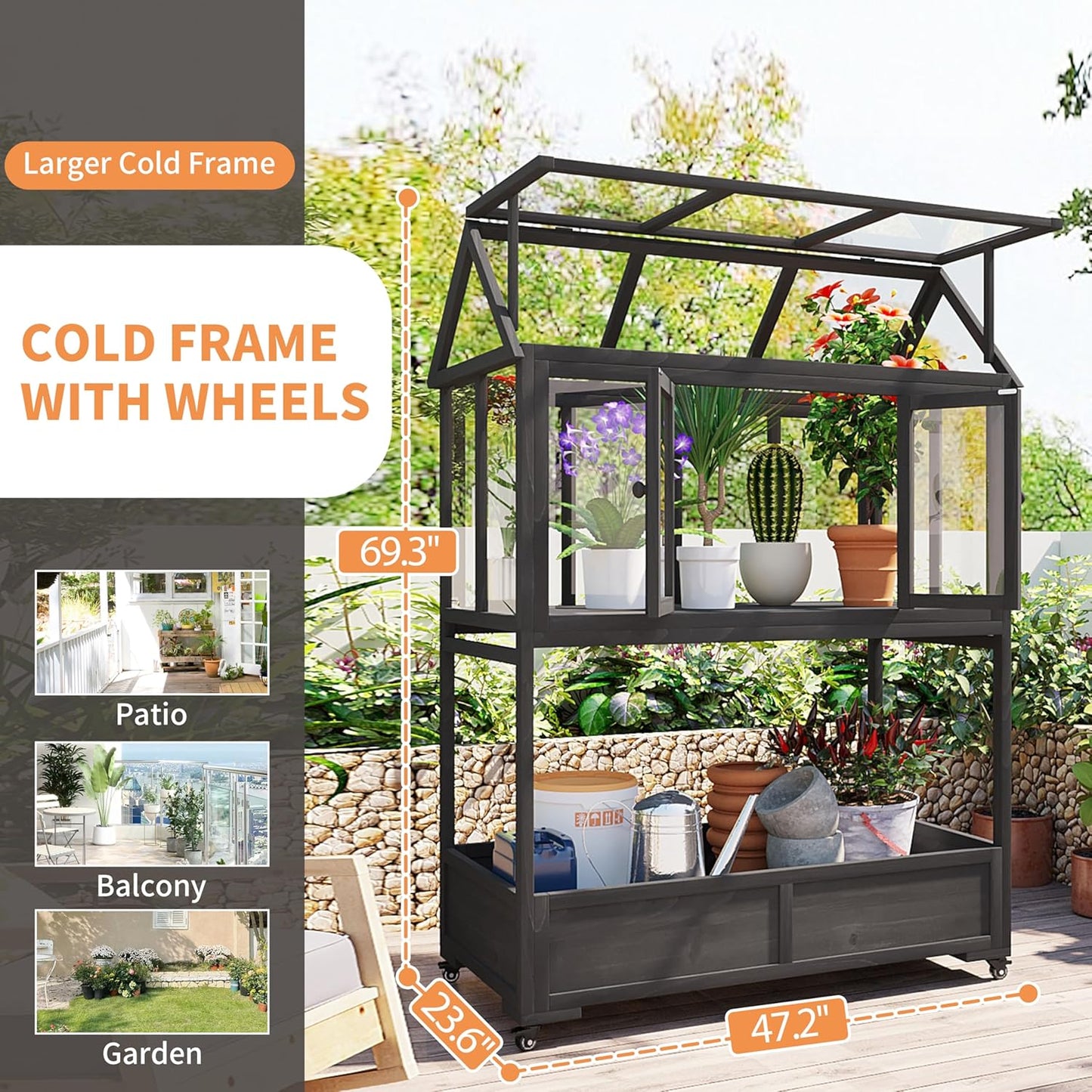Portable Cold Frame Greenhouse with Wheels , Wooden Mini Greenhouse Cabinet for Gardens & Balconies , Openable Roof Design & Built-in Storage Box ,Easy-to-Move & Durable (Black)