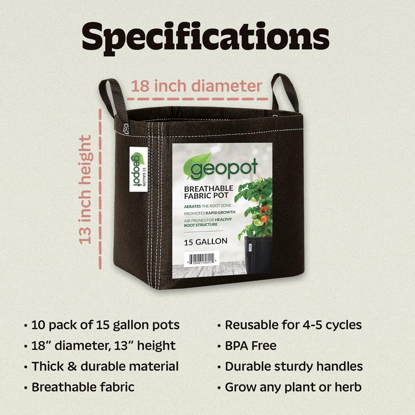 15 Gallon Fabric Grow Bags with Handles for Vegetables, Houseplants, Herbs & Flowers |5-Pack| Fabric Pots for Outdoors and Indoors, Aerated Fabric Grow Bags