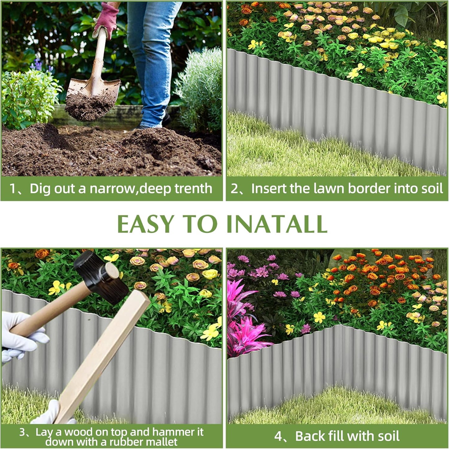 Metal Garden Edging Border, Corrugated Steel Landscaping, DIY for Lawn (Silver, 10 Inch x 10FT)