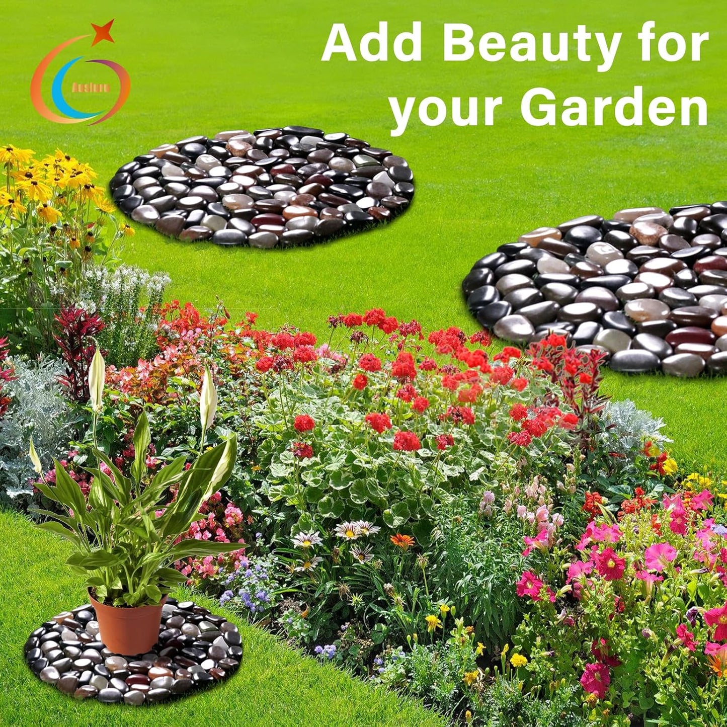 10in River Rock Stepping Stones Set - 6 Pack | Polished Pebble | Long-Lasting PVC Mesh Backing | Perfect for Garden Paths and Lawns Outdoor Landscaping Decoration | Mixed Circle