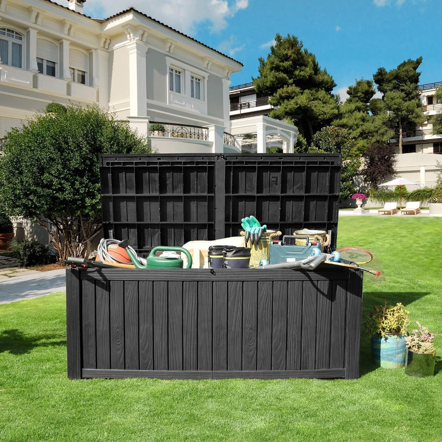 YITAHOME 150 Gallon Large Outdoor Storage XL Deck Box w/Divider for Patio Furniture,Outdoor Cushions, Garden Tools, Sports Equipment and Pool Supplies, Waterproof, Resin, Lockable, Black