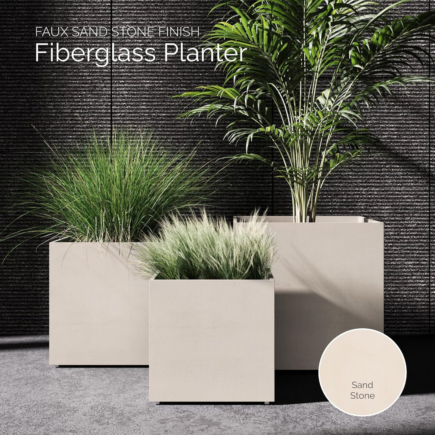 Reglito Cube Planter – Fiberglass Indoor/Outdoor and Weather-Resistant Large Planter (Sand Stone, 19.7" L x 19.7" W x 20.3" H)