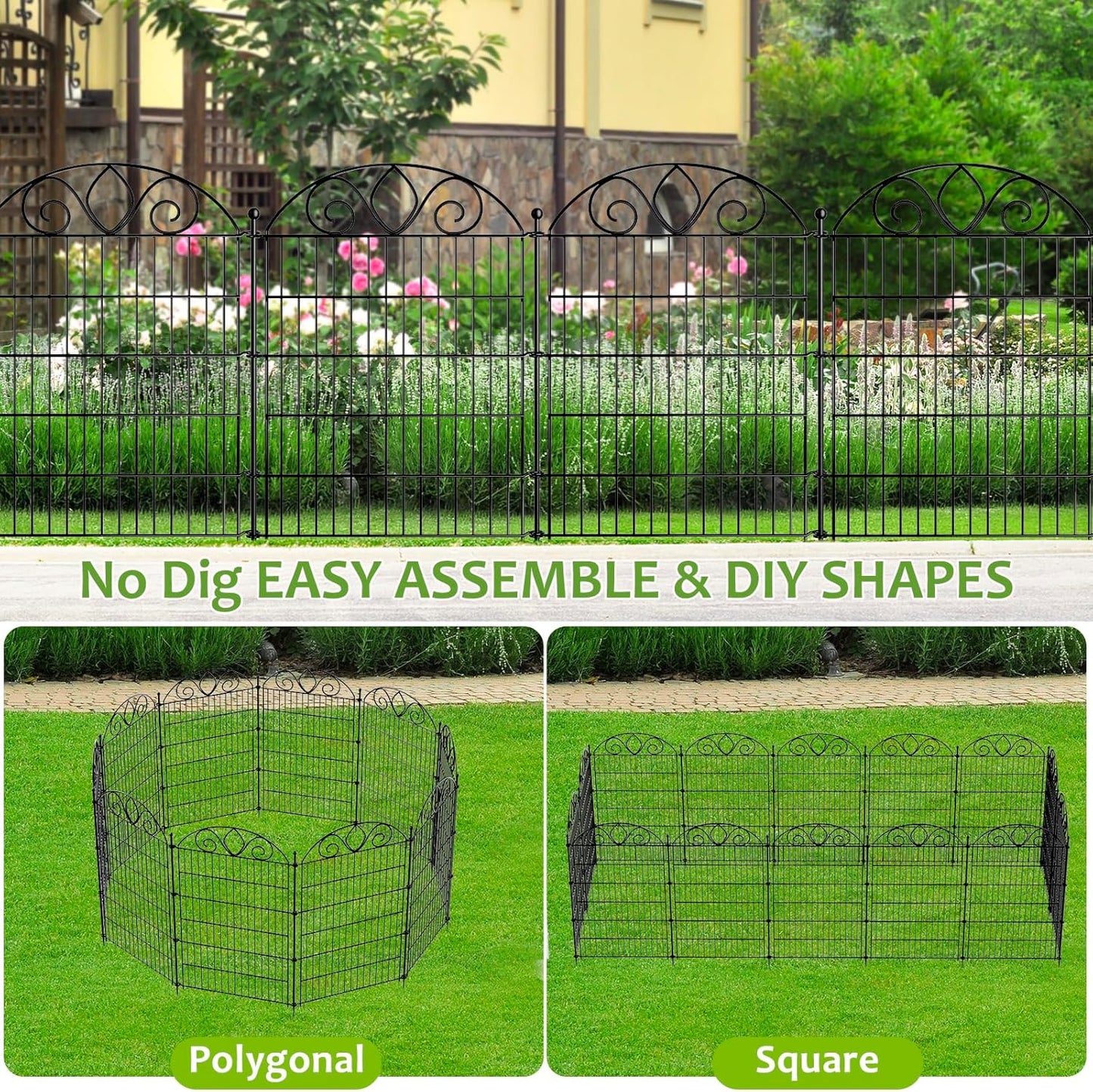 5 Panels No Dig Tall Garden Fence Panel – 34" H X 11' L Rustproof Metal Dog Fence Outdoor for Yard, Decorative Animal Barrier Fence for Pet, Garden Border, Patio, Flower Beds| Temporary Fencing