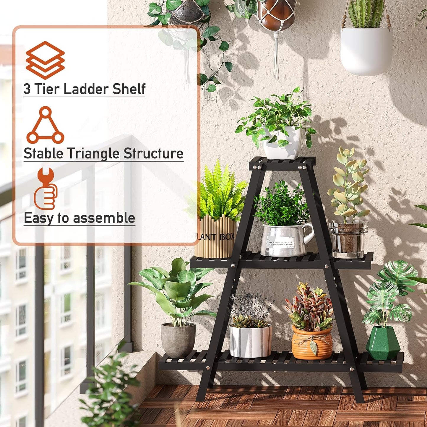 Plant Stand Indoor Plant Shelf Outdoor bamboo Plant Rack, 3 Tiers Ladder Plant Holder Flower Stand for Living Room Balcony Garden Patio,Living Room Boho Home Decor for Gardening Gifts (Black)