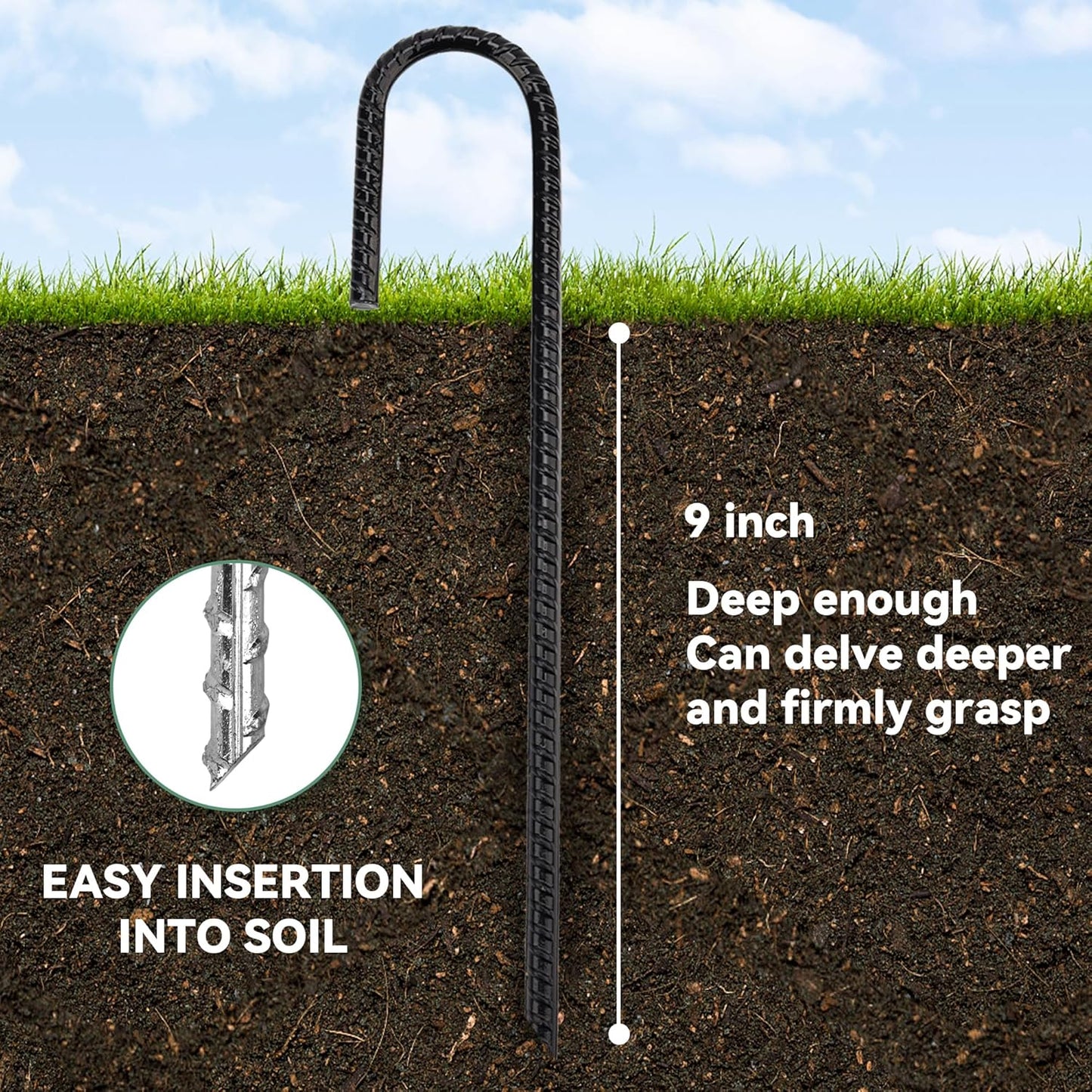 Galvanized Rebar Stakes 12 inch Heavy Duty J Hooks Ground Anchor for Fence Swing Tent (12 Pack, Black)