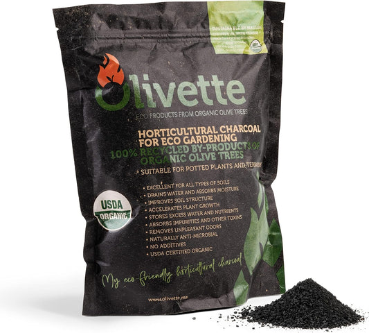 Olivette Horticultural Biochar Activated Charcoal for Plants, USDA Organic Moisture Control for Terrarium Trees & Potted Plants, Eco-Conscious, 1 Bag