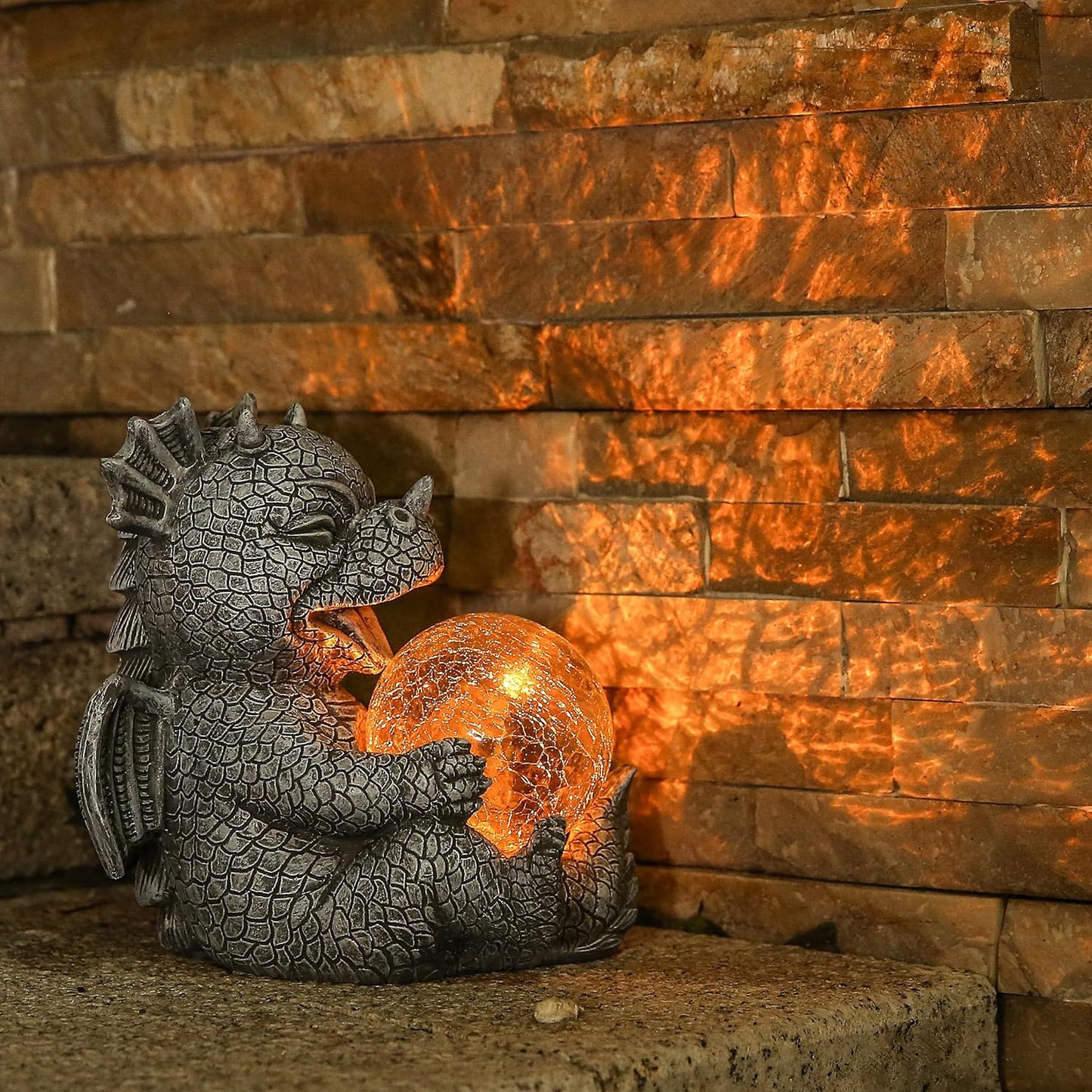 Garden Dragon Statue Solar Powered Outdoor Figurine Light Decor Cute and Hold Glowing Glass Ball Resin Sculpture Home Decoration for Porch Patio Lawn Farm Yard Housewarming Ornament Gift