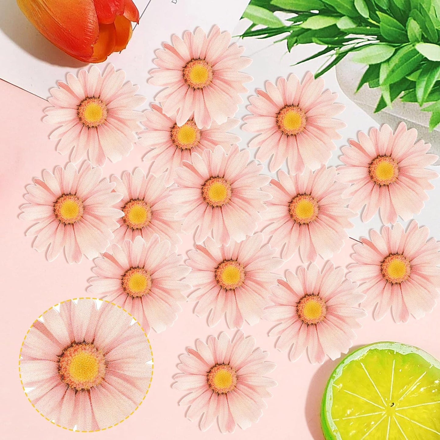 60 PCS Edible Daisy Cupcake Toppers Wafer Paper Daisy Cupcake Picks Edible Sunflower Birthday Party Decorations for Baby Shower Wedding Engagement Birthday Party Cake Food Decorations Supplies Pink