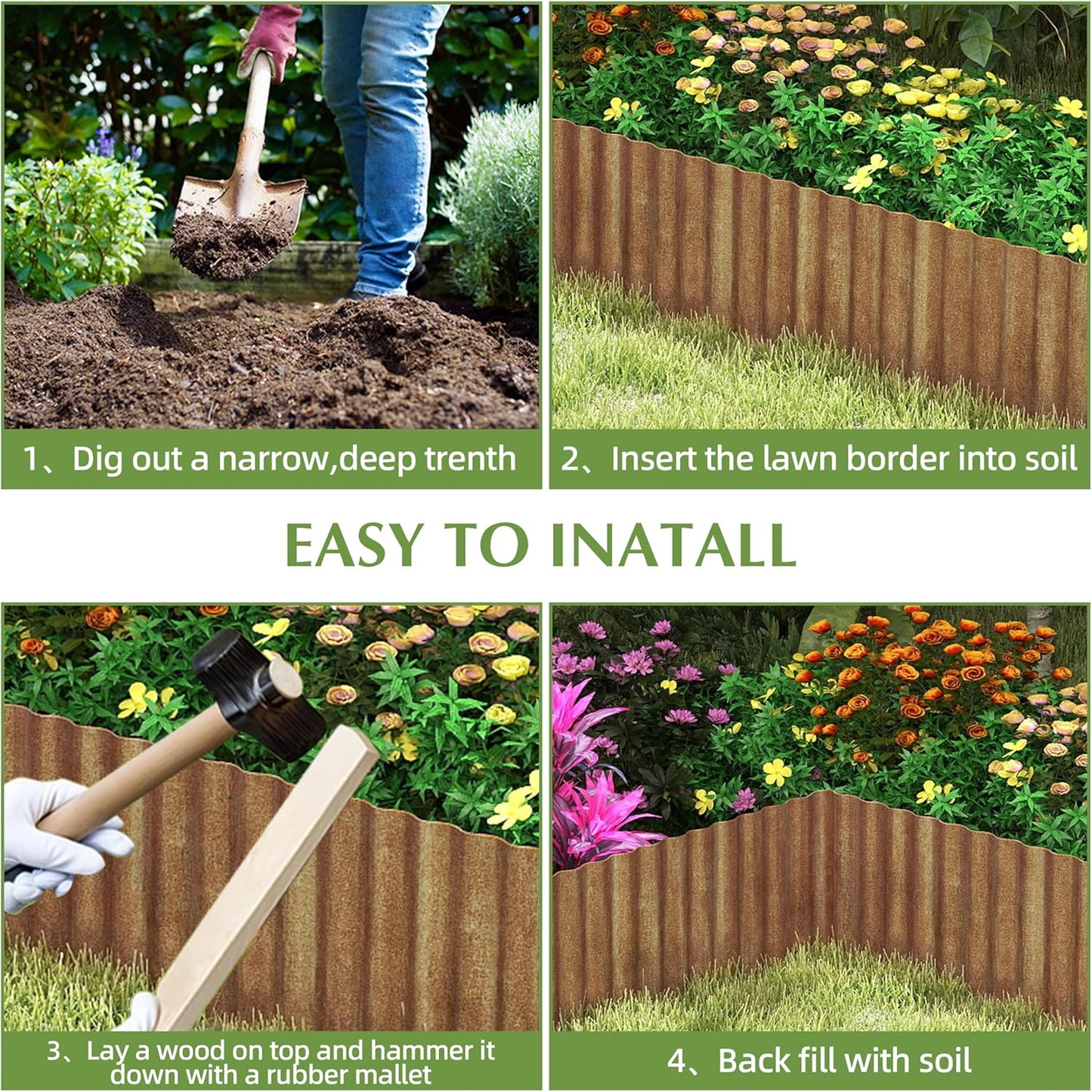 Metal Garden Edging Border, Corrugated Steel Landscaping, DIY for Lawn (Rusty, 6 Inch x 10FT)