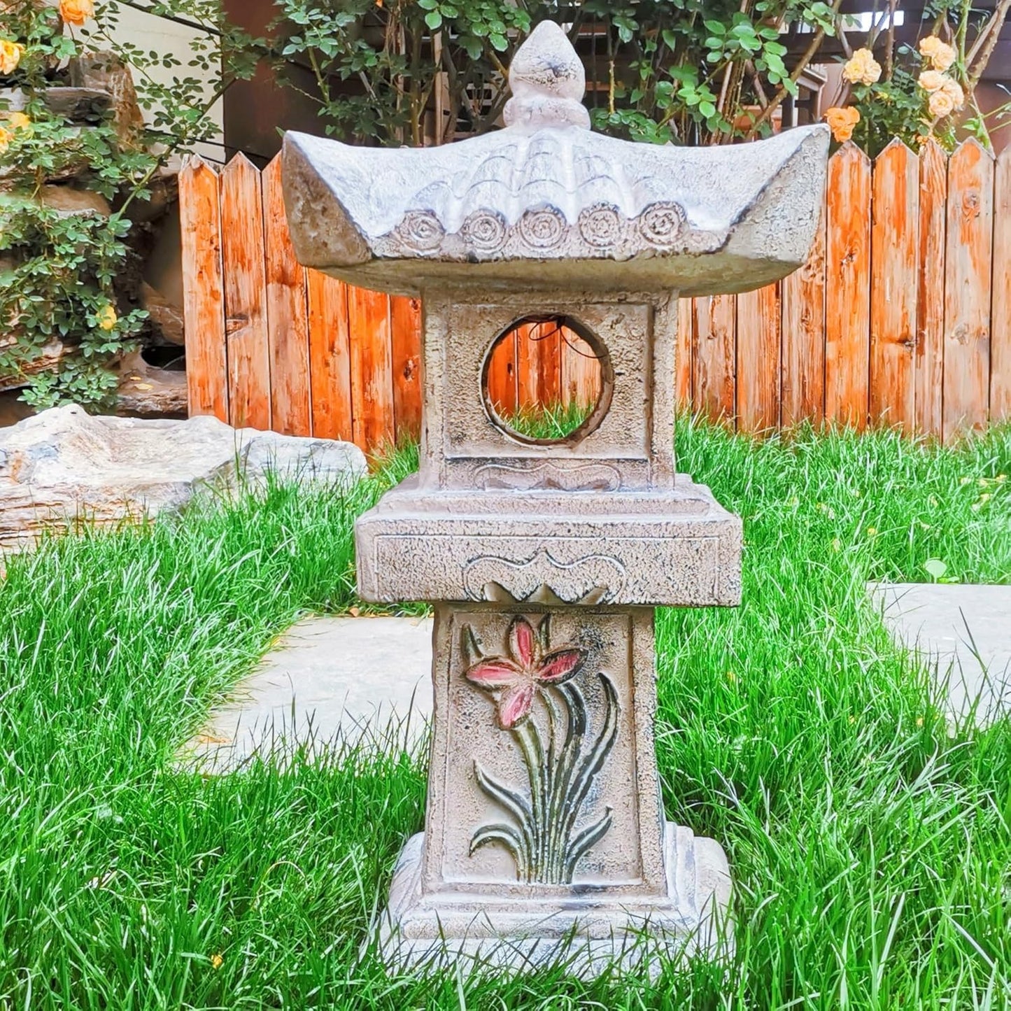 23.6’’High Asian Orchid Pagoda Statue Solar-Powered LED Light Miniature Tower Lantern Garden Decoration Figurines Solar Lamp Outdoor Japanese Decoration Zen Courtyard Landscape