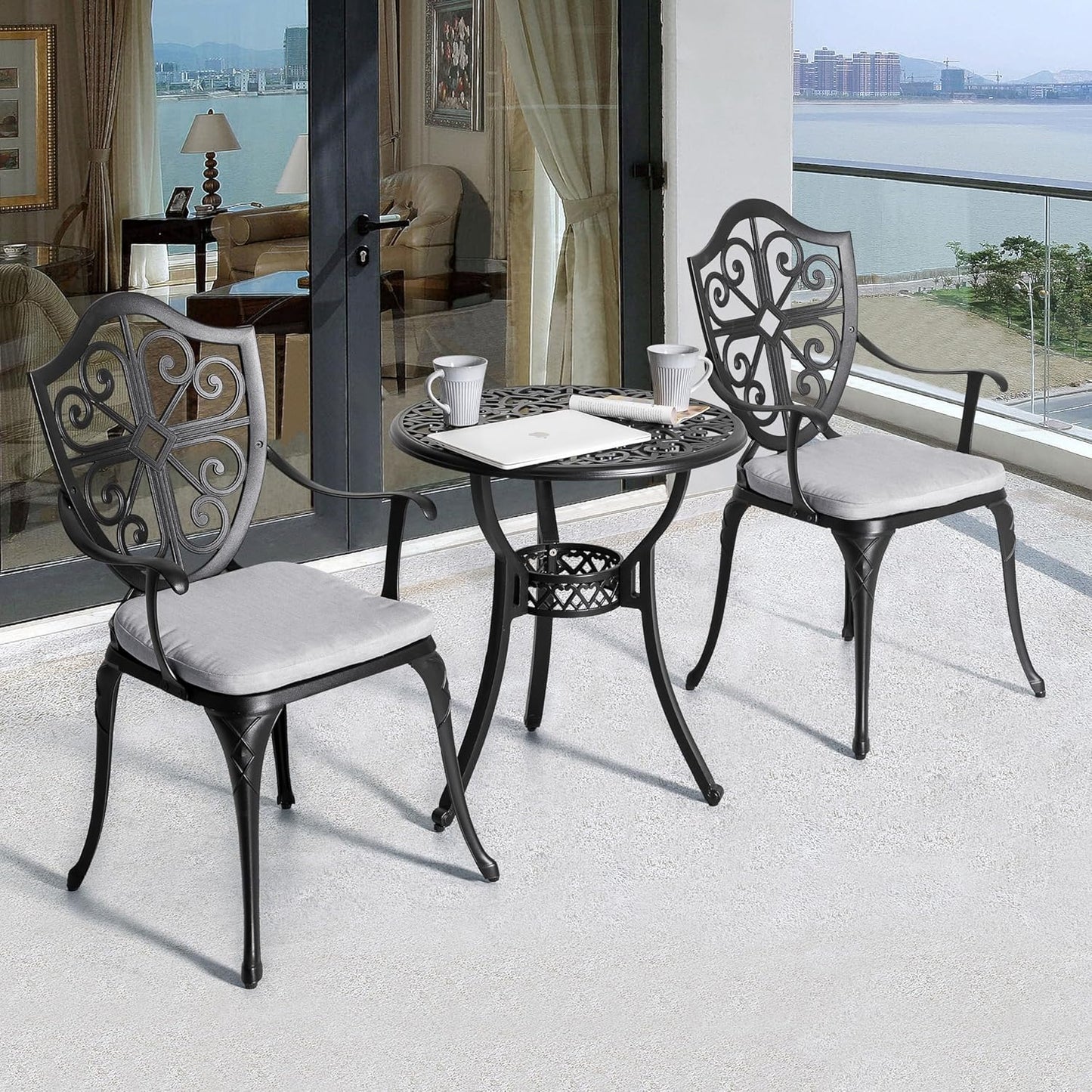 NUU GARDEN Bistro Set 3 Piece Outdoor, Cast Aluminum Patio Bistro Sets with Umbrella Hole and Grey Cushions, Bistro Table and Chairs Set of 3 for Patio Backyard, Black