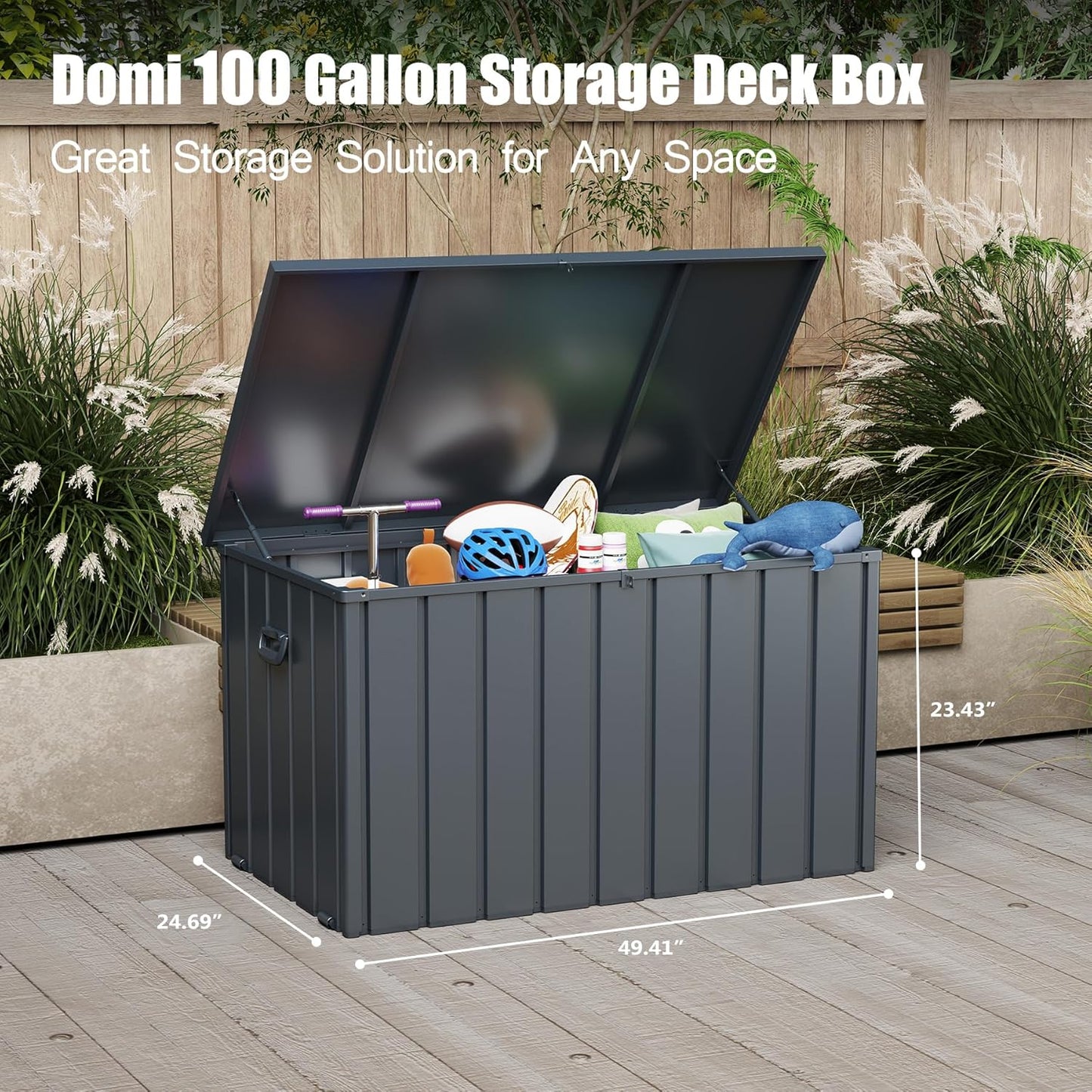 Domi Outdoor Storage Deck Box 100 Gallon, Outdoor Deck Box with Waterproof Storage Bag for Outside Cushions, Garden Tools and Pools Equipment, Gray