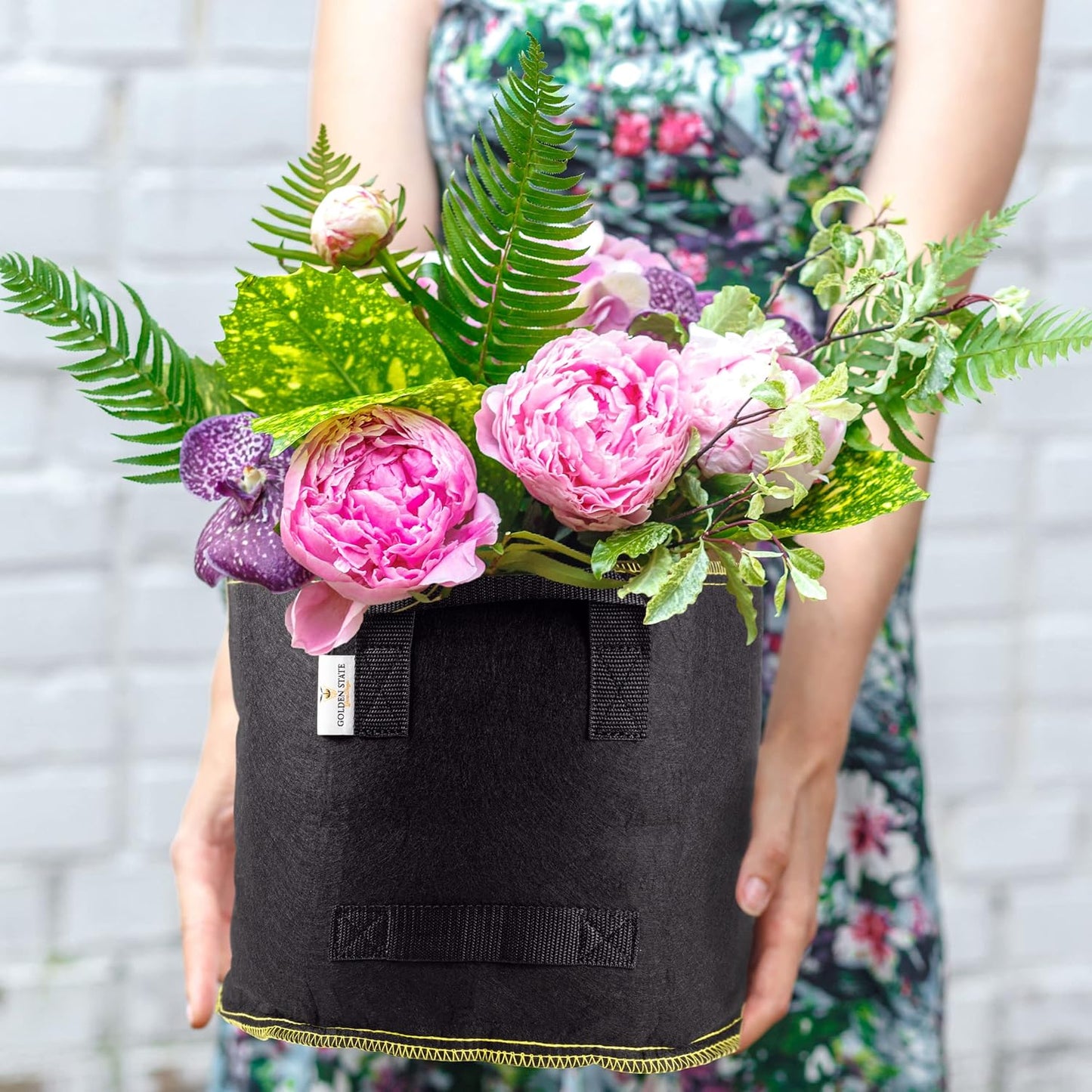 Grow Bags: 5-Pack (Size: 15 Gallon): 300gsm Black Felt Fabric w/Yellow Stitch, Biodegradable and eco-Friendly Material. (Handles + Dumping Handles-pat.Pend).