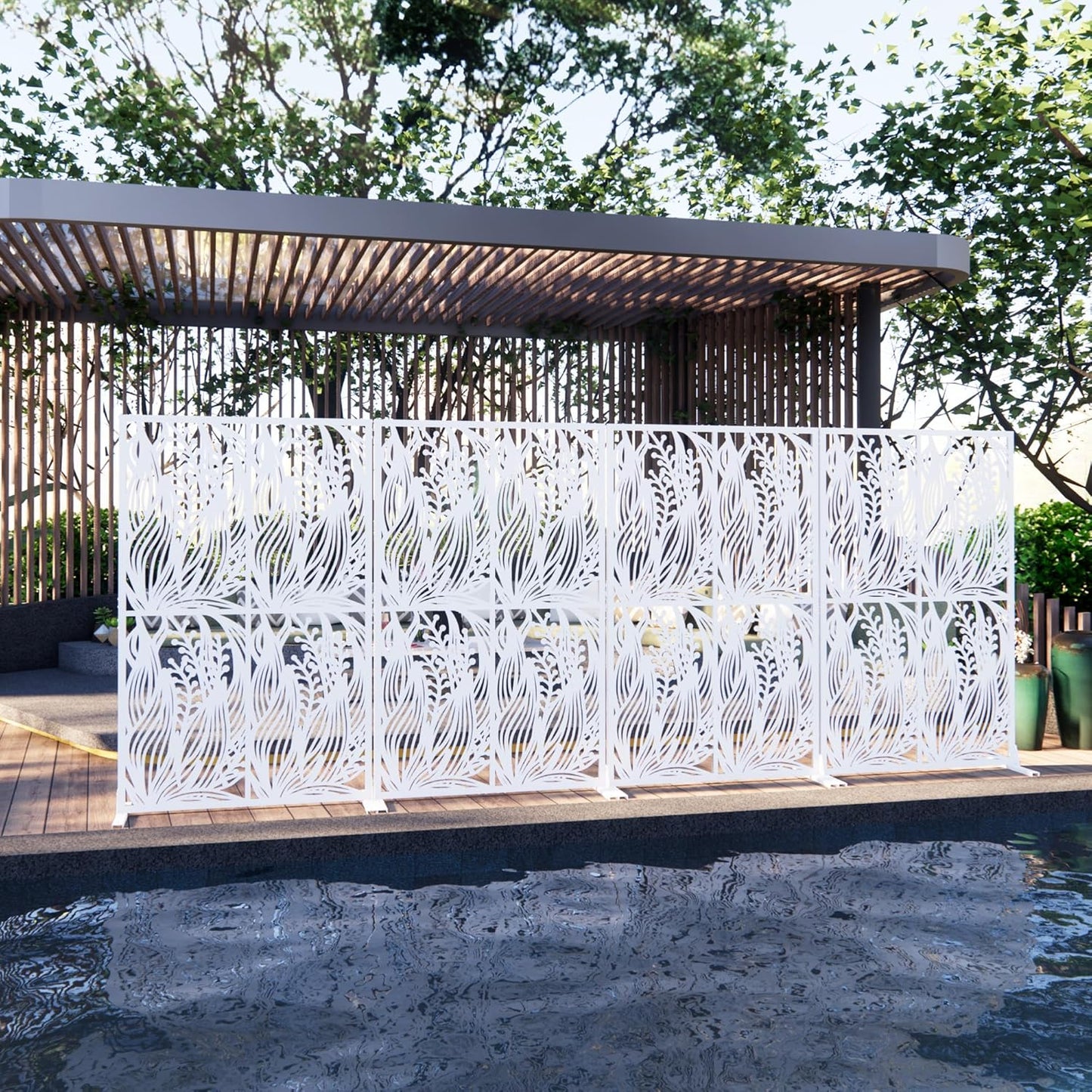 Metal Privacy Screen Outdoor W3.8Ft x H 6Ft Patio Privacy Panels Free Standing Divider Decorative 2 Pack for Balcony Garden Room Lawn Deck(2, White Leaf)