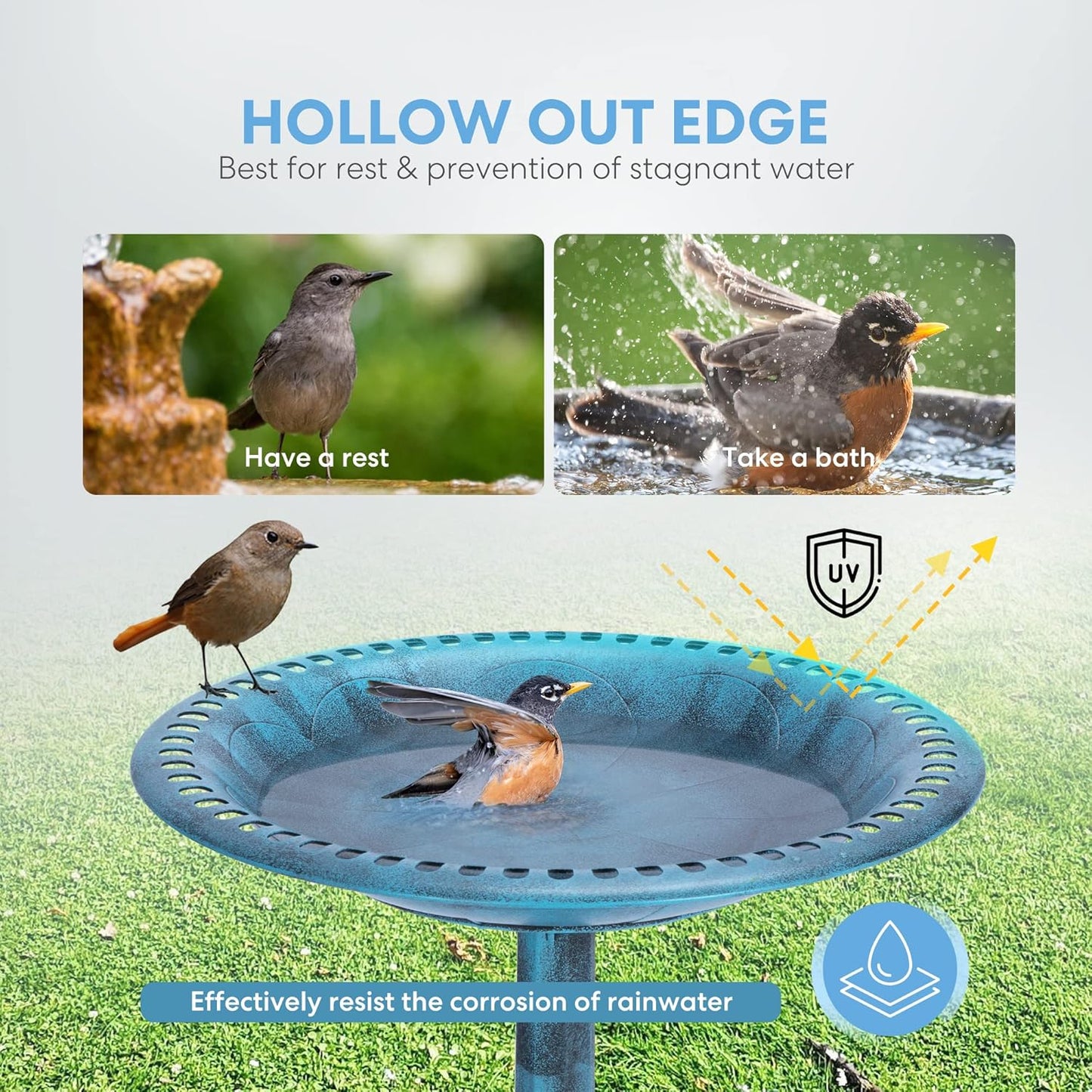 VIVOHOME 28 Inch Height Polyresin Lightweight Antique Outdoor Garden Bird Bath Blue
