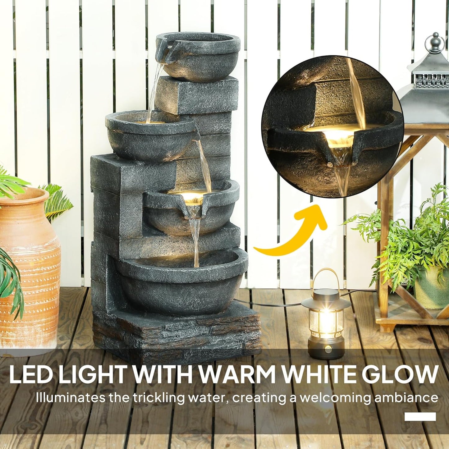 Outsunny 30" Tall Outdoor Waterfall Fountain with LED Lights, 4-Tier Resin Cascading Water Bowls with Pump, Gray