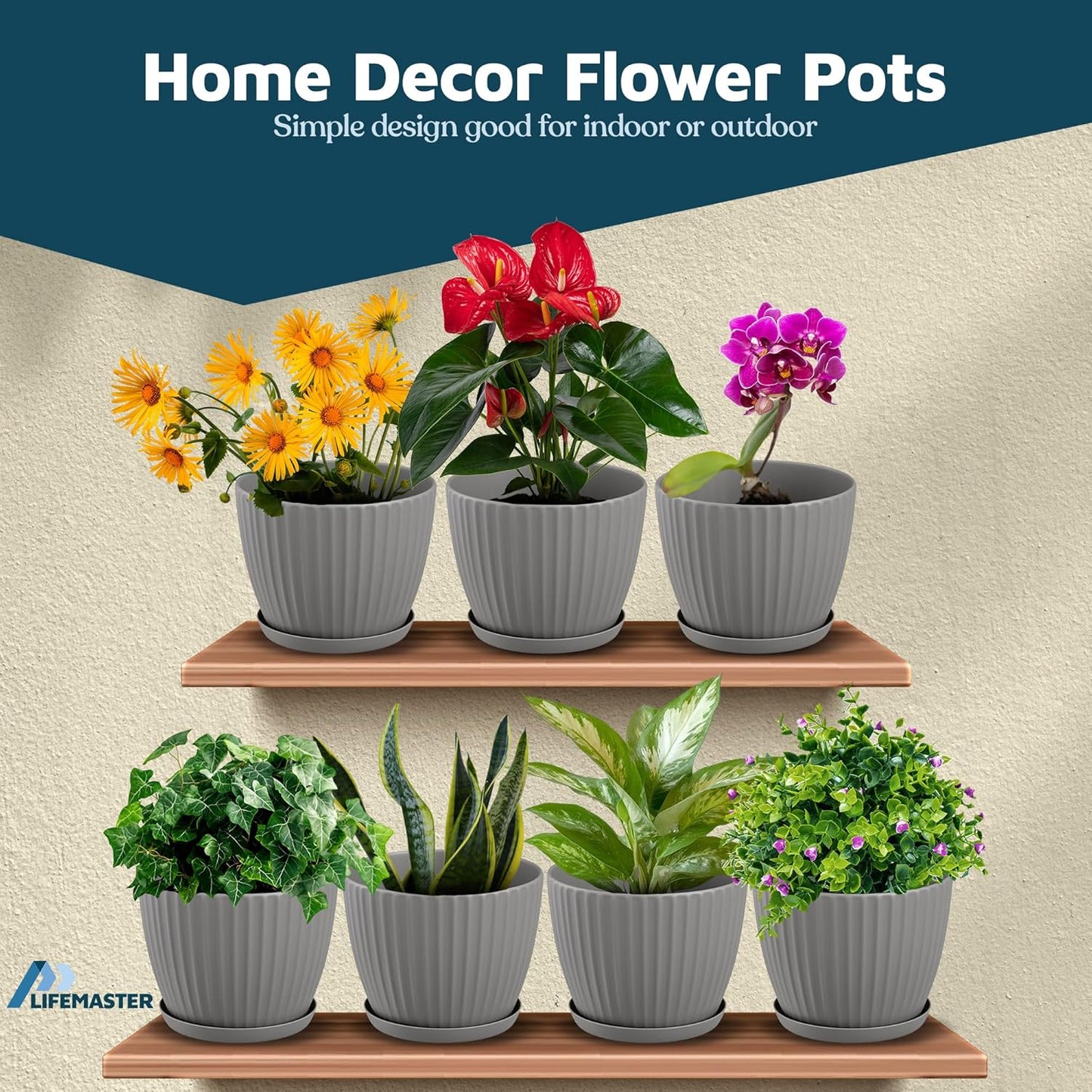 Gray 6-Inch Plant Pots with Drainage & Saucers 24 Pack, Indoor & Outdoor Planters for Houseplants, Herbs, and Flowers, Durable & Weatherproof Material, Stackable, Lightweight, Minimalist Design