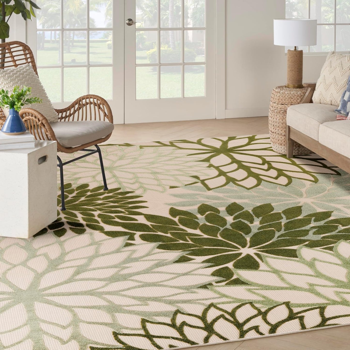 Nourison Home Aloha Indoor/Outdoor Ivory Green 7'10" x 10'6" Area Rug, Easy-Cleaning, Non Shedding, Bed Room, Living Room, Dining Room, Backyard, Patio, Deck (8x11)