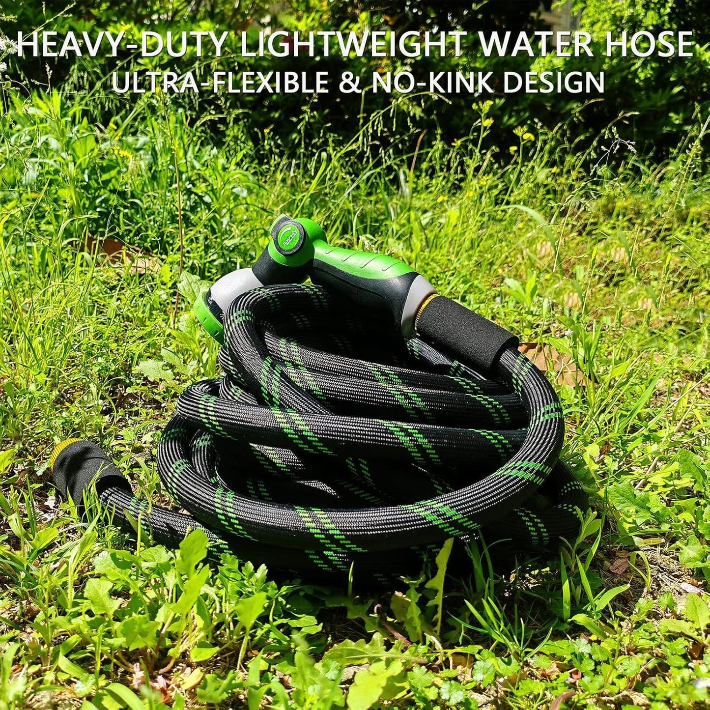 Garden Hose 25 FT, NON-EXPANDABLE Heavy-Duty Flexible & Lightweight Water Hose with 10-Function Nozzle, No-Kink Design, Leak-Proof Super Fabric, Solid Fittings for Lawn, Car, RV, Outdoor