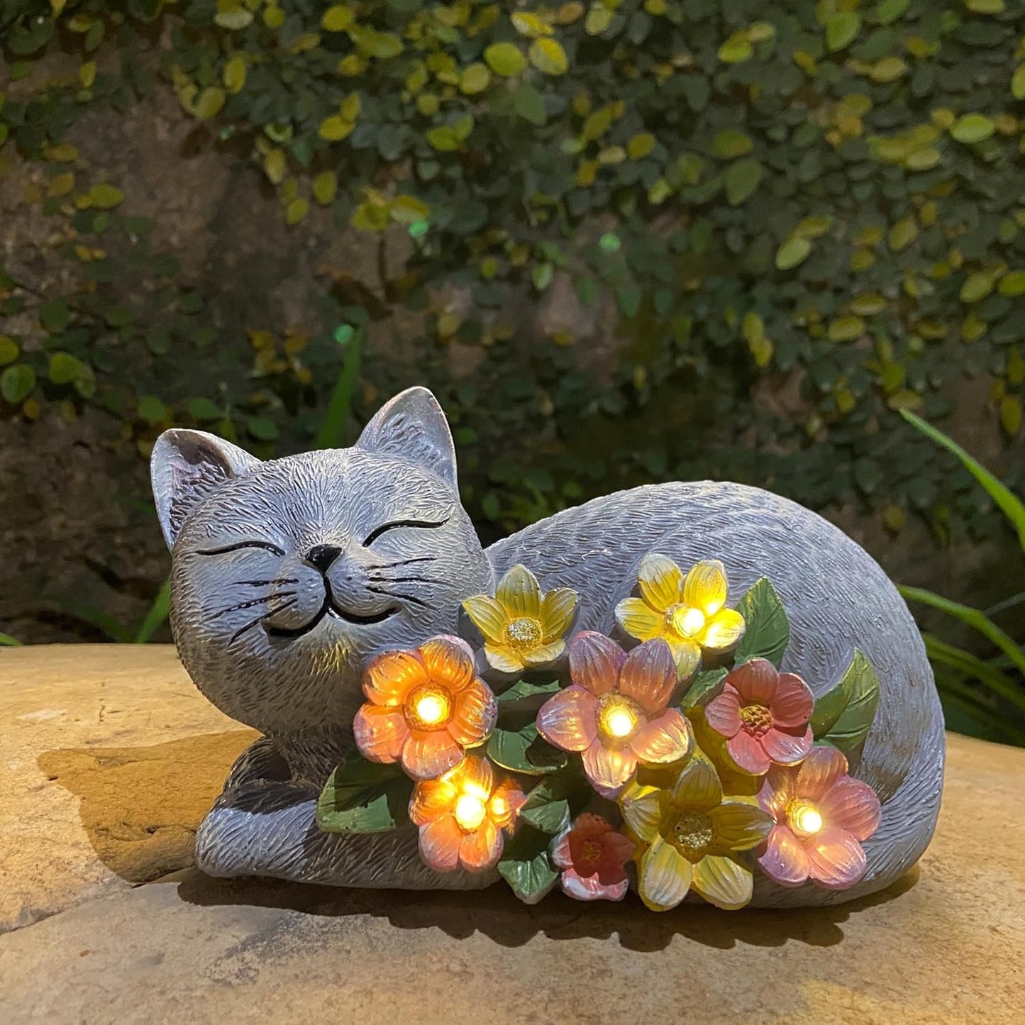 Solar Cat Outdoor Statue, Resin Solar Cat Lights with Flower for Outside, Garden Cats Figurine for Lawn Porch Yard Art - Birthday Gifts for Mom Grandma Women
