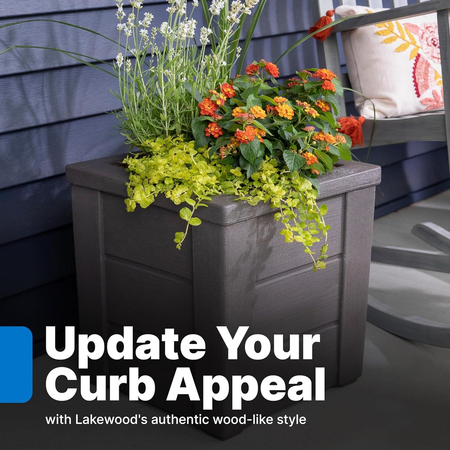 Step2 Lakewood Square Planter Box, Outside All-Season All-Weather Gardening Pot for Patio and Front Porch, Dark Cedar, 2-Pack