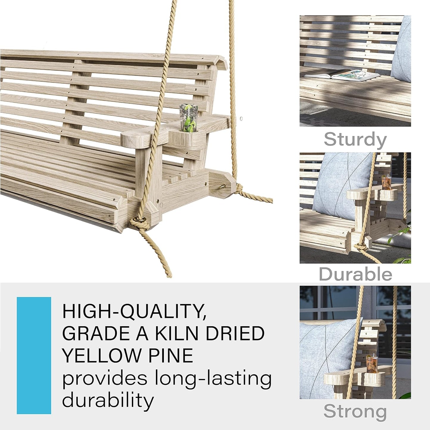 Porchgate Amish Heavy Duty 800 Lb Roll Comfort Treated Porch Swing W/Ropes (5 Foot, Unfinished)