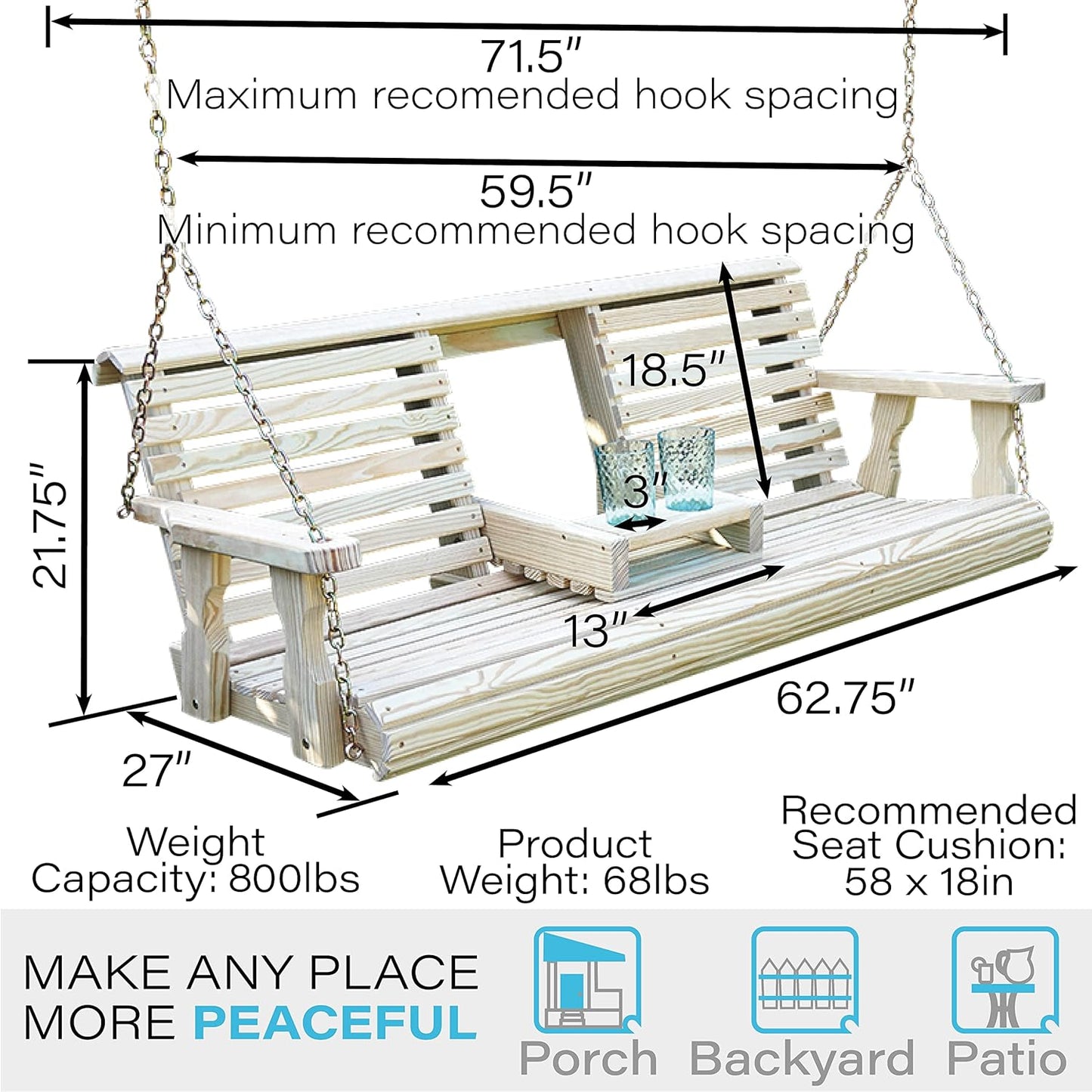 Porchgate Amish Heavy Duty Console Porch Swing with Fold Down Cup Holders in Unfinished - Amish Made in The USA from Treated Pine, Hanging Chains Included